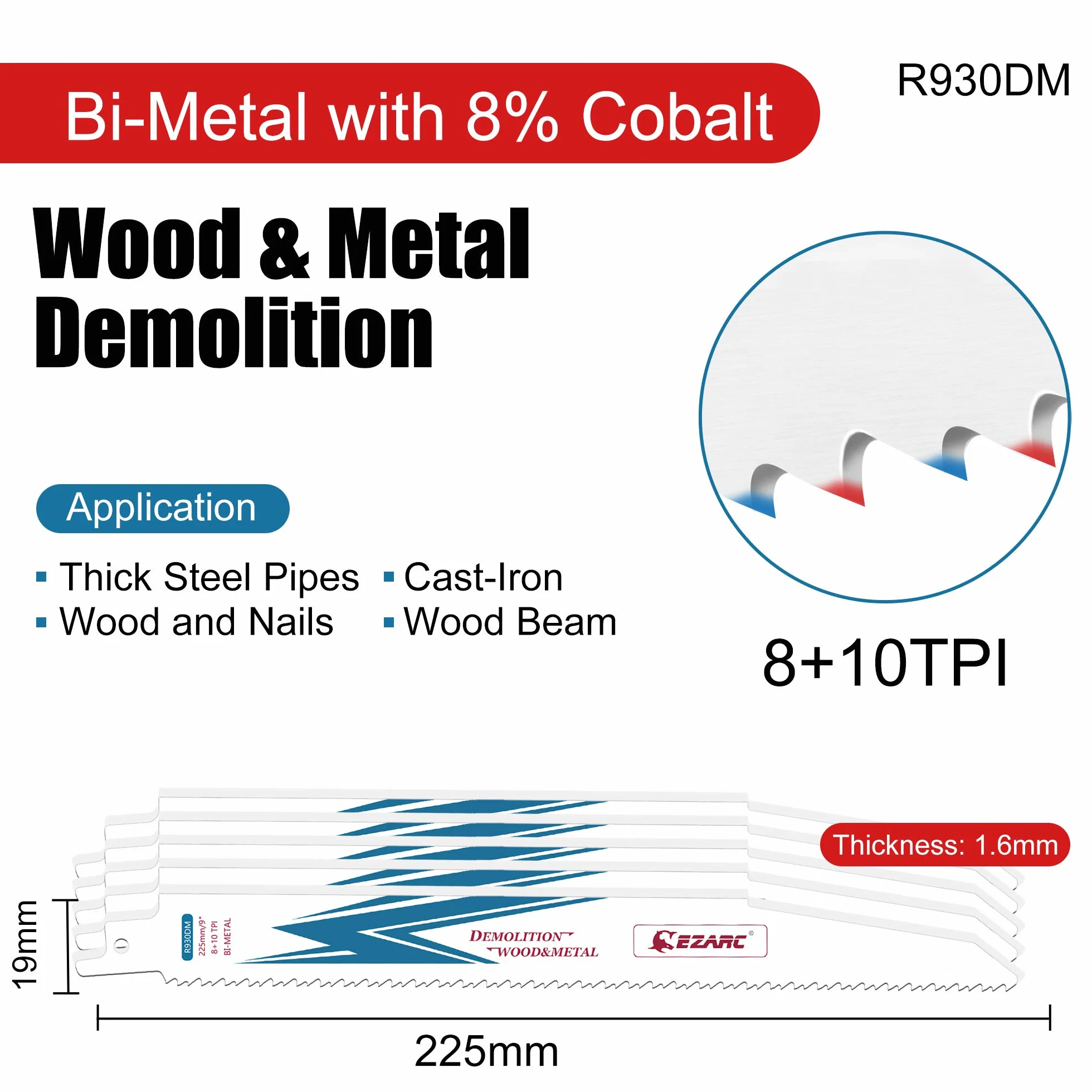 EZARC Brzeszczot do piły szablastej bimetalowy kobaltowy brzeszczoty do piły szablastej do drewna i metalu 225 mm 8+10TPI R930DM (5-pak)