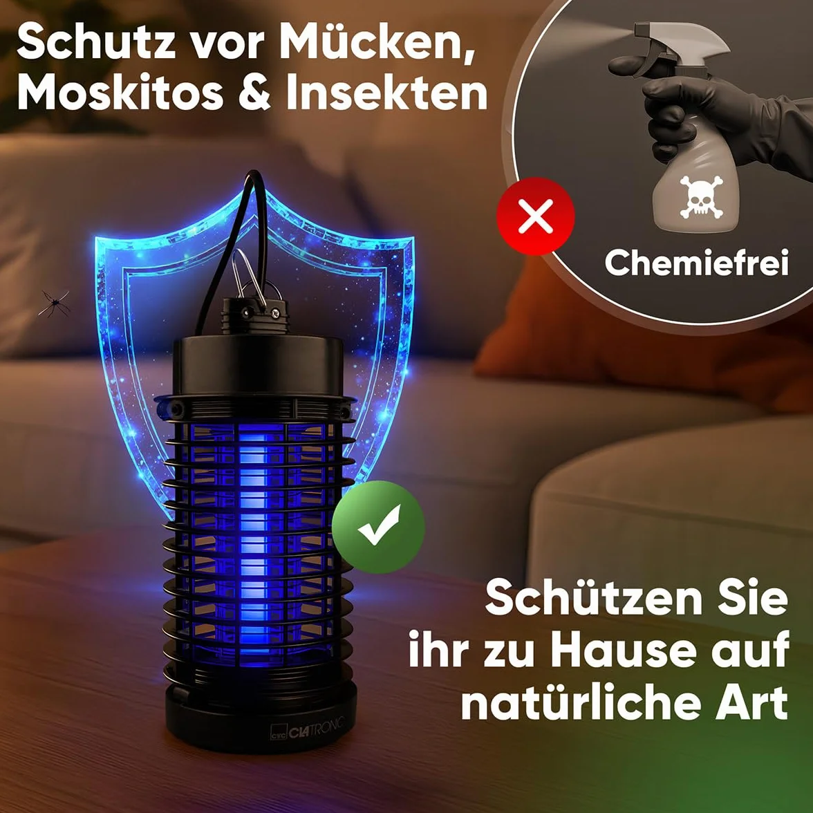 Clatronic® Elektryczna pułapka na owady | pułapka na komary w dzień i w nocy | do 50 m² | lampa na komary bez chemii i substancji zapachowych | elektryczna pułapka na muchy wraz ze szczotką do