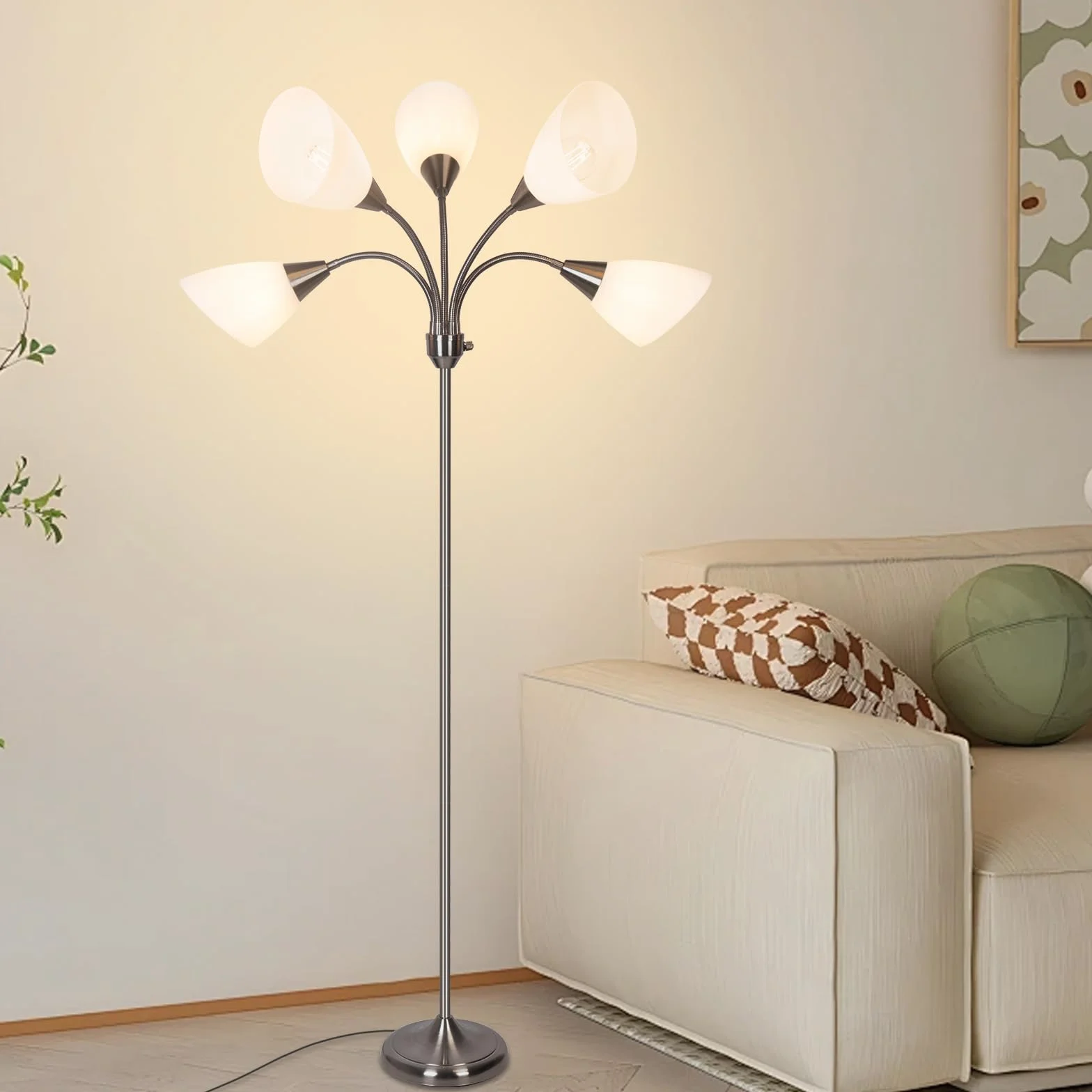 HonoDing Medusa Lampy podłogowe Lampy stojące 5 głowic Regulowane światło do czytania Duży klosz Żarówka E26 A19 Lampy podłogowe do salonu Sypialnia (satyna niklowa)