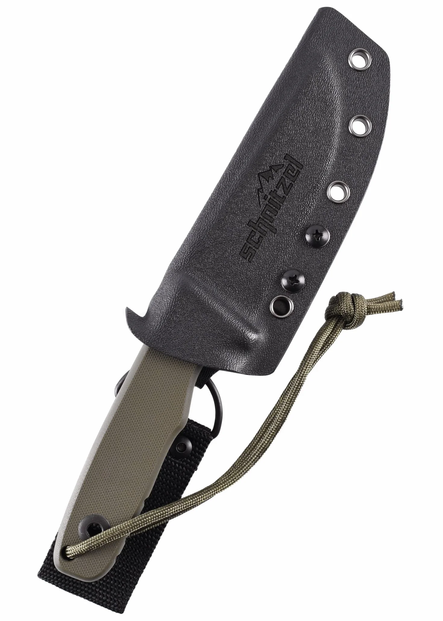 SCHNITZEL TRI nóż outdoorowy z pochwą Kydex i systemem nośnym Dangler – nóż Bushcraft, nóż outdoorowy, nóż rekreacyjny dla dorosłych (zielony)