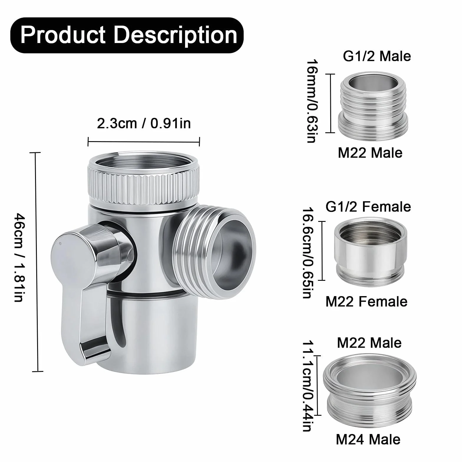 VOSSOT 3-drożny zawór przełączający, metalowy adapter do kranu z gwintem wewnętrznym M22, gwintem zewnętrznym M24 i przyłączem węża G1/2, 3-drożny zawór odpowiedni do kuchni, łazienki, prysznica i
