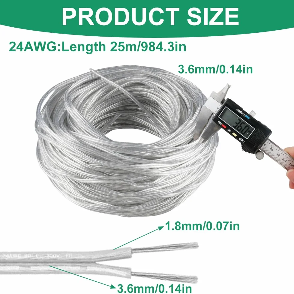 Kabel 25 m, 2-żyłowy, przezroczysty PCW, elastyczny kabel, drut dzwonkowy, 2-żyłowy płaski kabel zasilający, średnica zewnętrzna 1,8 x 3,6 mm, do montażu urządzeń gospodarstwa domowego o