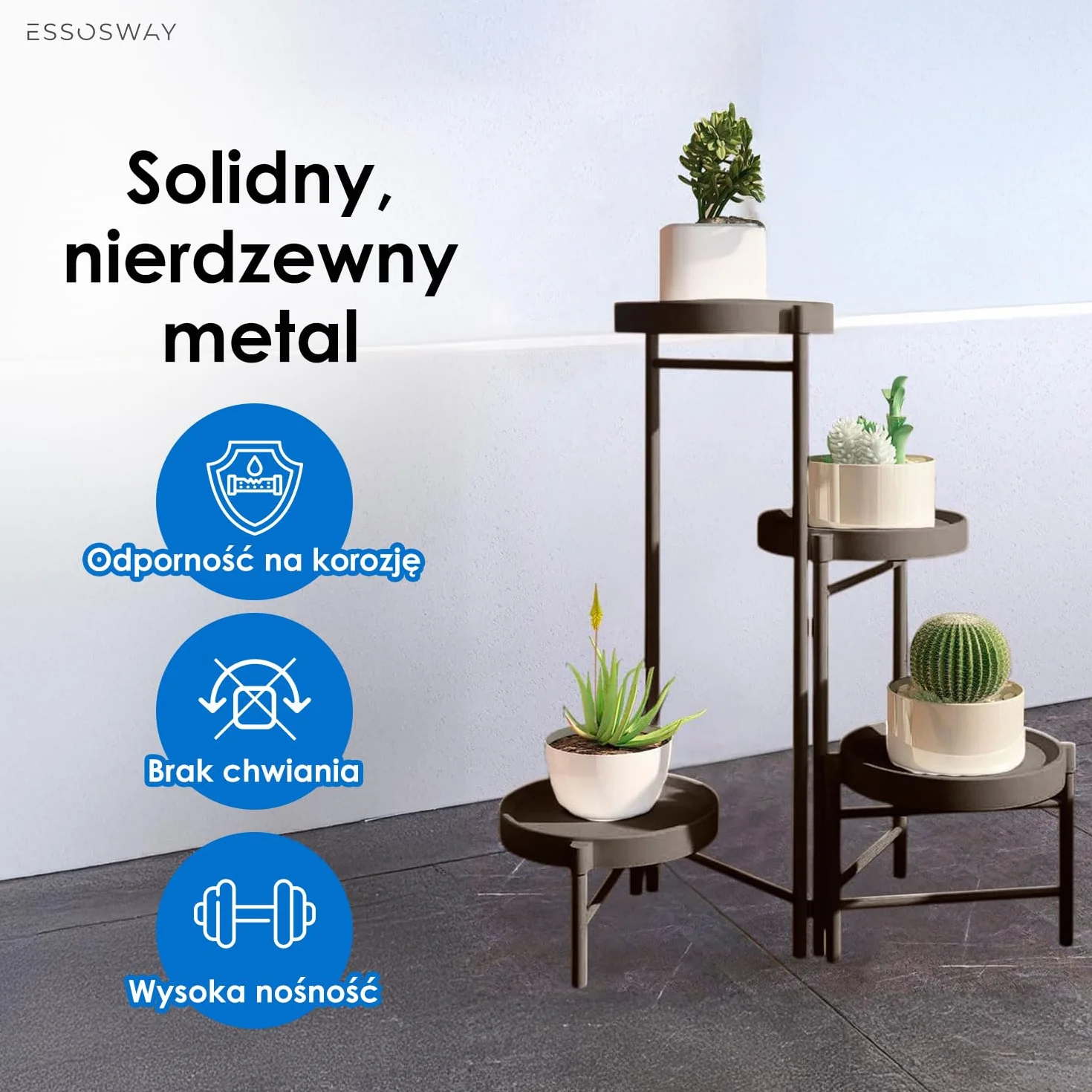 Metalowy Kwietnik Stojący 4-poziomowy 63 cm Czarny Stojak na Rośliny