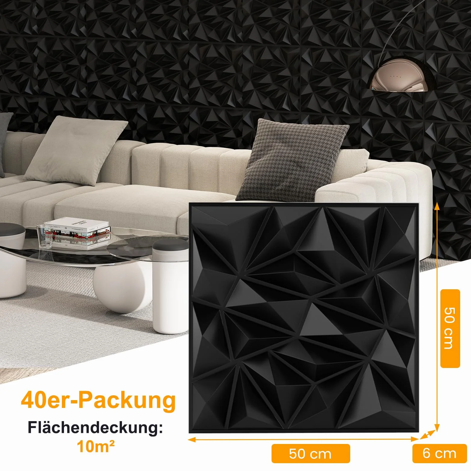 COSTWAY 40 sztuk paneli ściennych 3D, diamentowe, 50 x 50 cm, okładzina ścienna do wnętrz, płyty ścienne, panele sufitowe, PCW, 10 m², do salonu, sypialni (czarne)