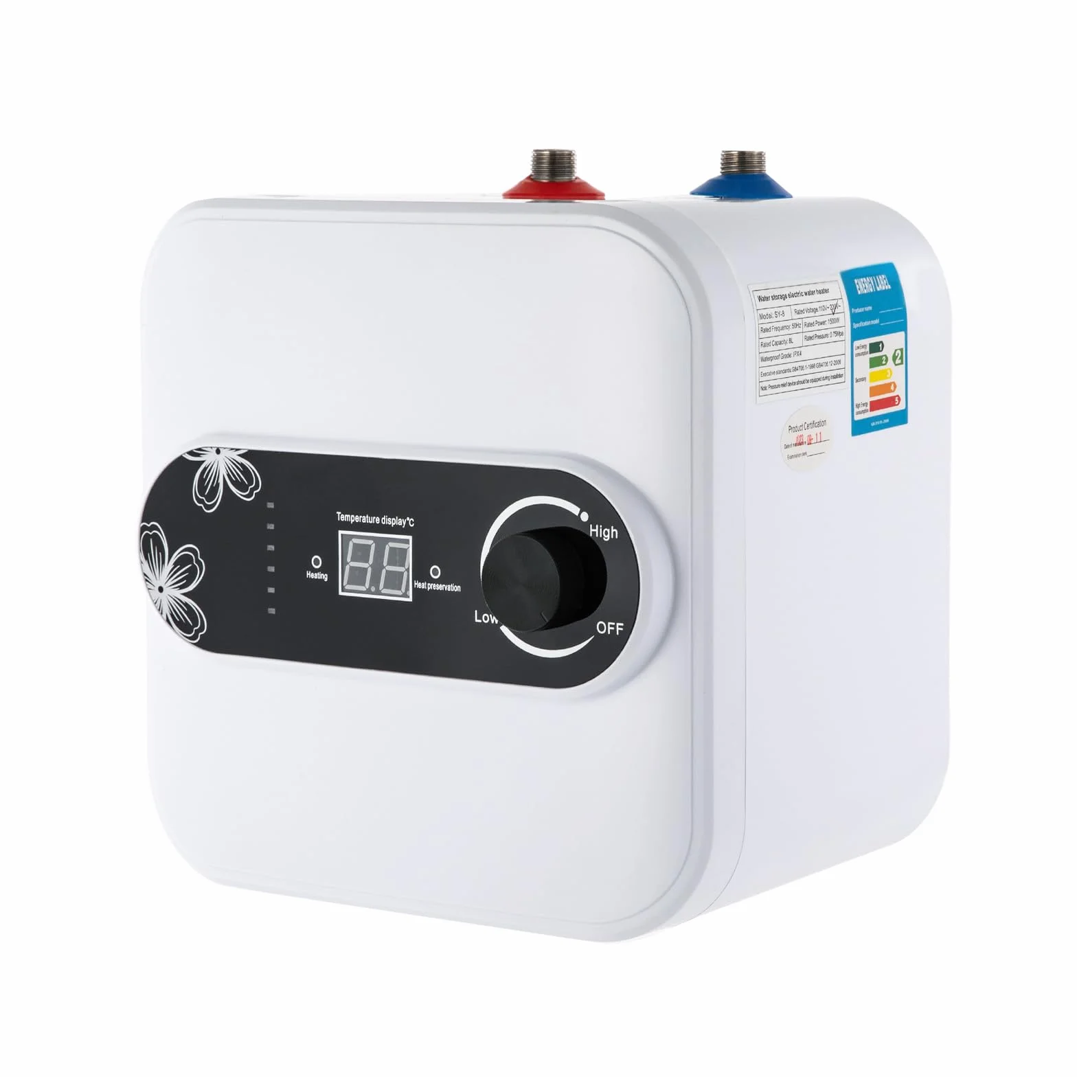 Elektryczny podgrzewacz wody, 8 l, 1500 W, natychmiastowy zbiornik na wodę z wyświetlaczem LED, regulowana temperatura (30-65°C), montowany na ścianie/wolnostojący, wodoodporny IPX4 do kuchni/łazienki