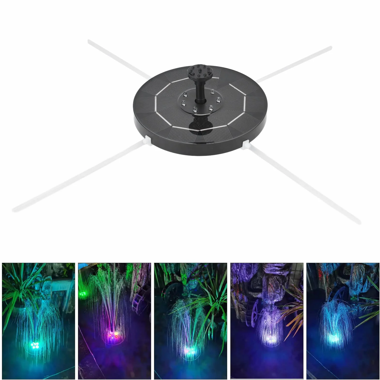 LED Solarna pompa fontannowa 3.5W, fontanna do kąpieli z 7 kolorowymi diodami LED, bateria 1800mAh, 6 dysz, czarna dysza