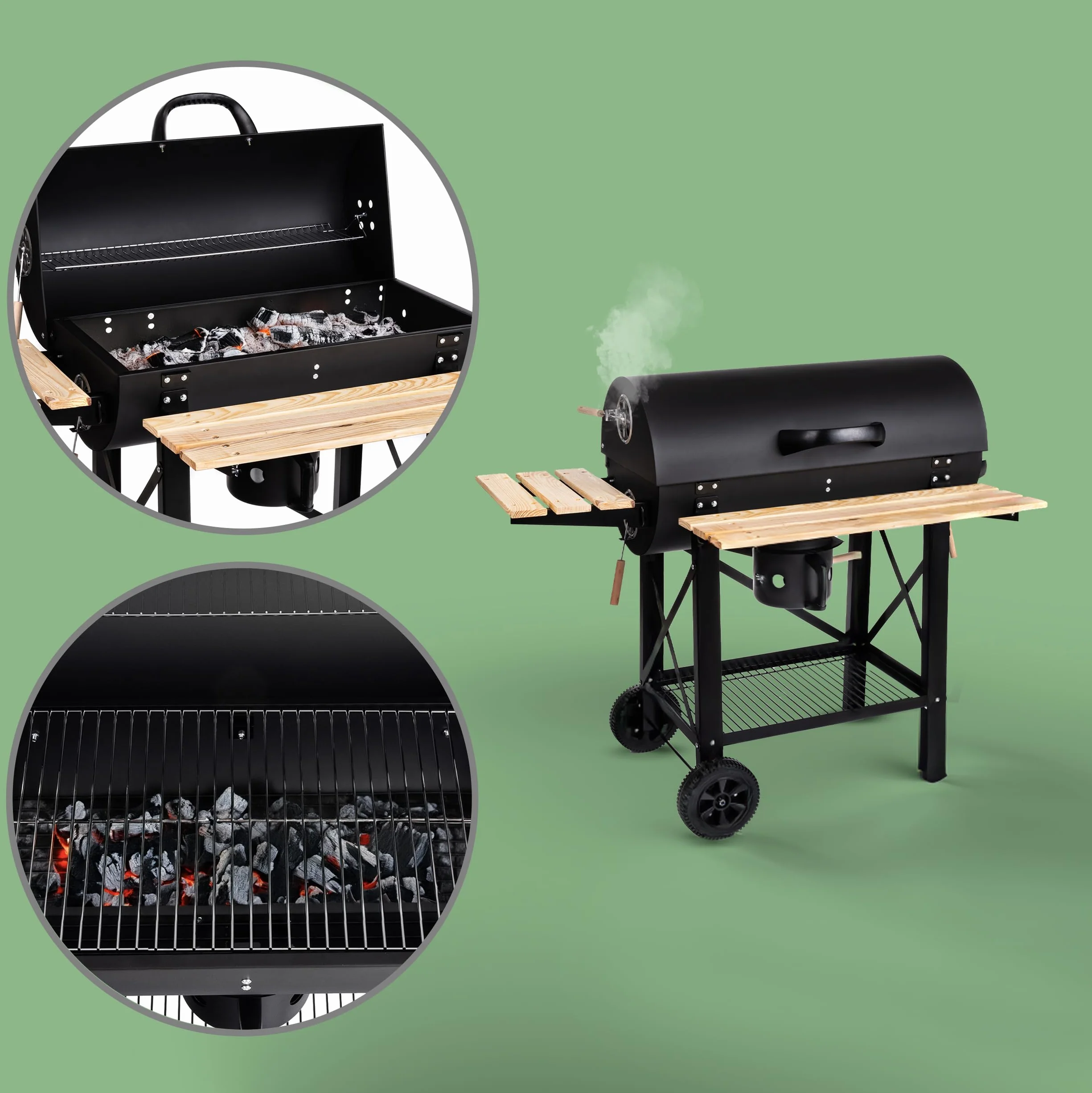 LEHMANN Grill węglowy z rusztem do gotowania, XL, z dwiema drewnianymi półkami, pokrywą, kółkami i nieogrzewanym uchwytem, grill węglowy do ogrodu, na taras, kemping