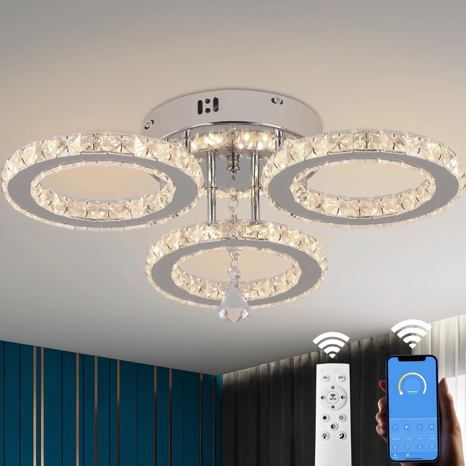 VETRULUS Nowoczesna Lampa Sufitowa LED, Ściemniająca się z Pilotem, Kryształowy Żyrandol do Salonu, Sypialni, Kuchni