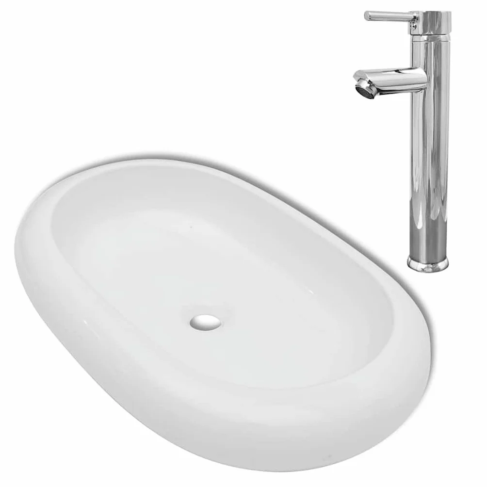 Ceramiczna umywalka owalna biała z zestawem baterii mieszającej | Wykończenie na wysoki połysk, otwór odpływowy 4,5 cm, konstrukcja z mosiądzu, chromowana powierzchnia, akcesoria montażowe