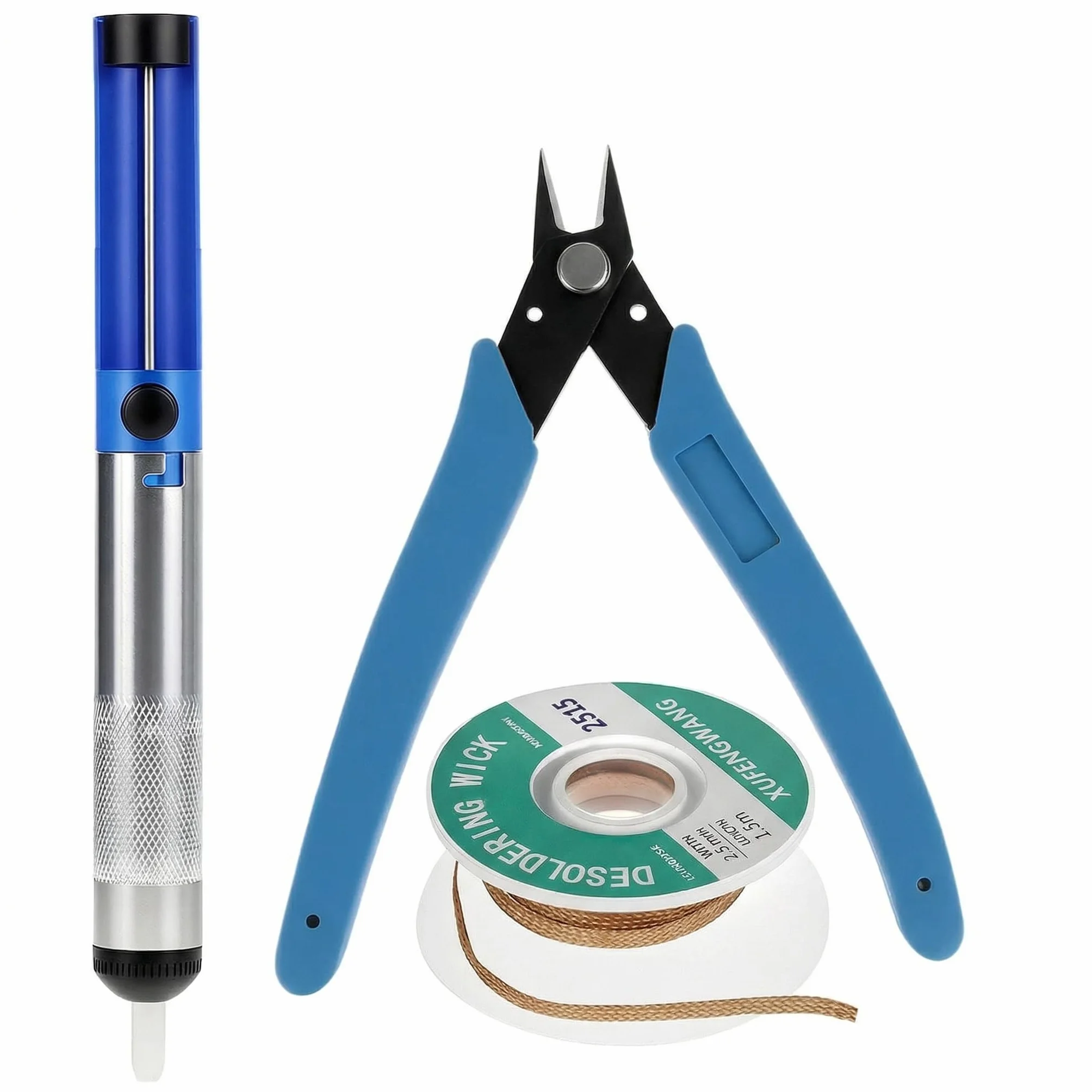 QWORK® 3-częściowy zestaw narzędzi do usuwania lutowania, pompa ssąca, nieczyszczący knot lutowniczy i szczypce do cięcia drutu, do elektroniki DIY