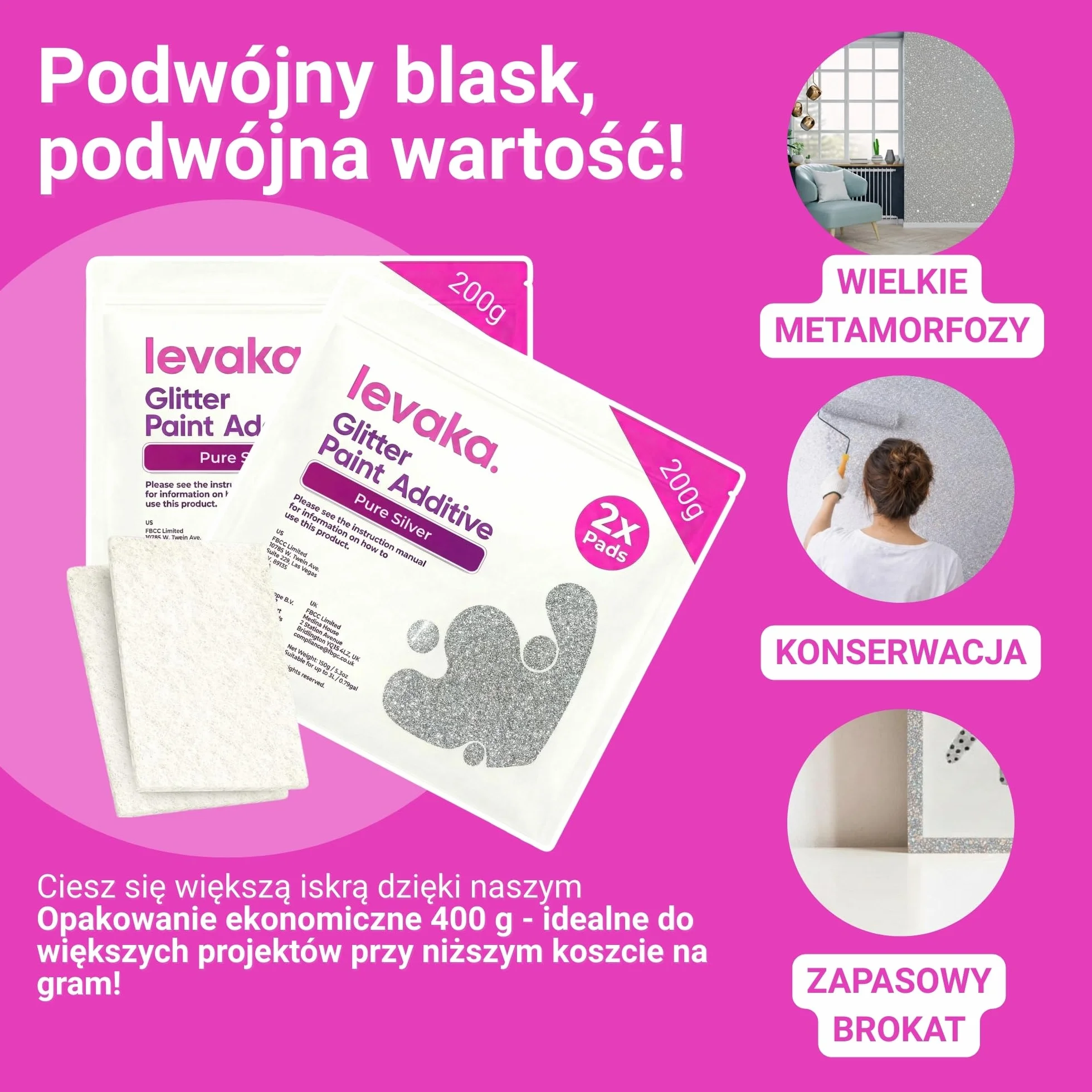 Levaka 150g Czyste Srebro Brokat do Farby – 2 x Nakładki Polerujące – Brokat do Ścian Mieszalny z Każdym Rodzajem Farby Emulsyjnej – Lśniące Brokatowe Ściany Wewnątrz i na Zewnątrz, Sufity, Drewno