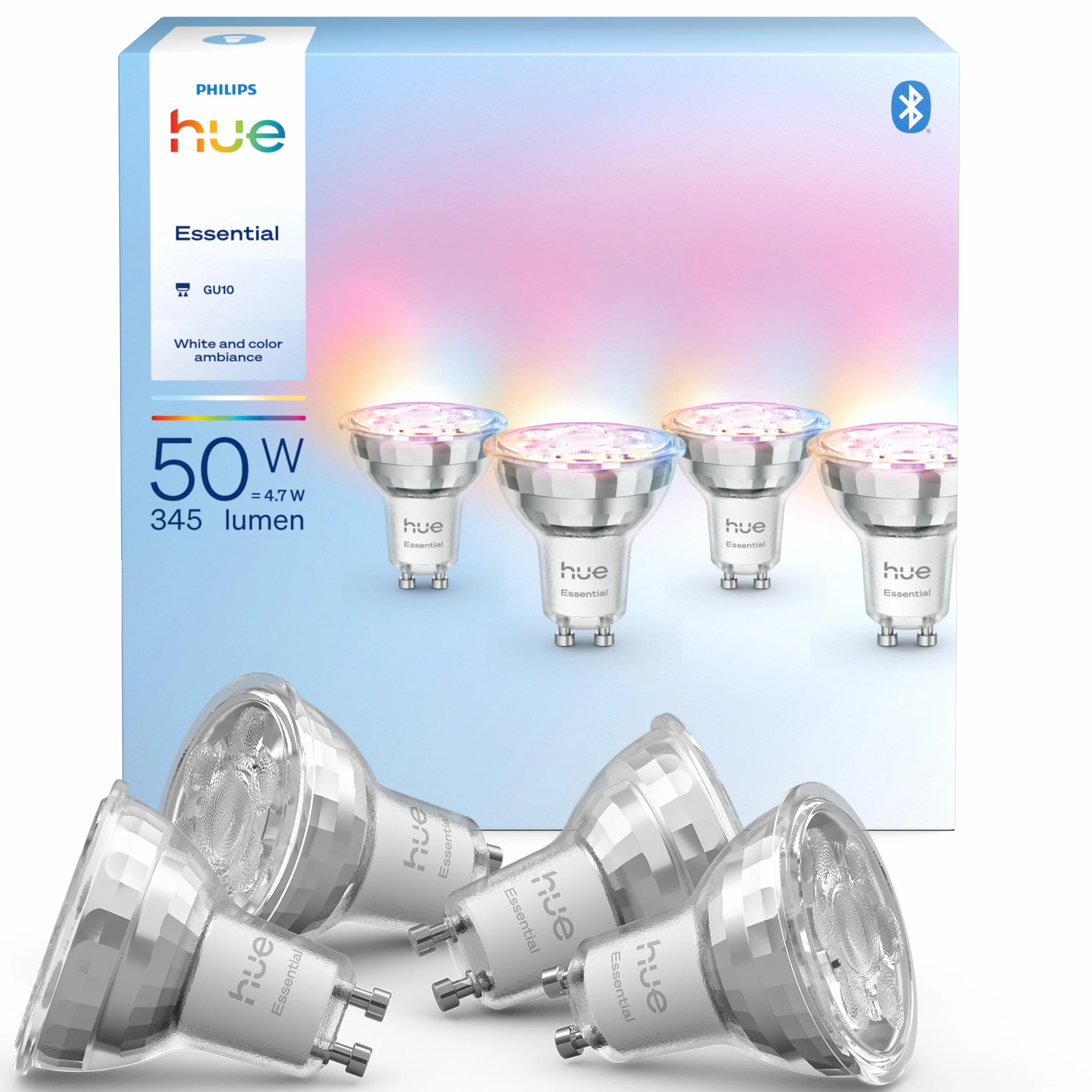 Żarówka Philips Hue Essential Smart LED – żar. punktowa GU10, White and Color Ambiance, 4,7 W, 2200K–6500K, 345 lumenów, przyciemnianie, działa z Alexą, Asystentem Google i Apple Home, op. 4 szt.