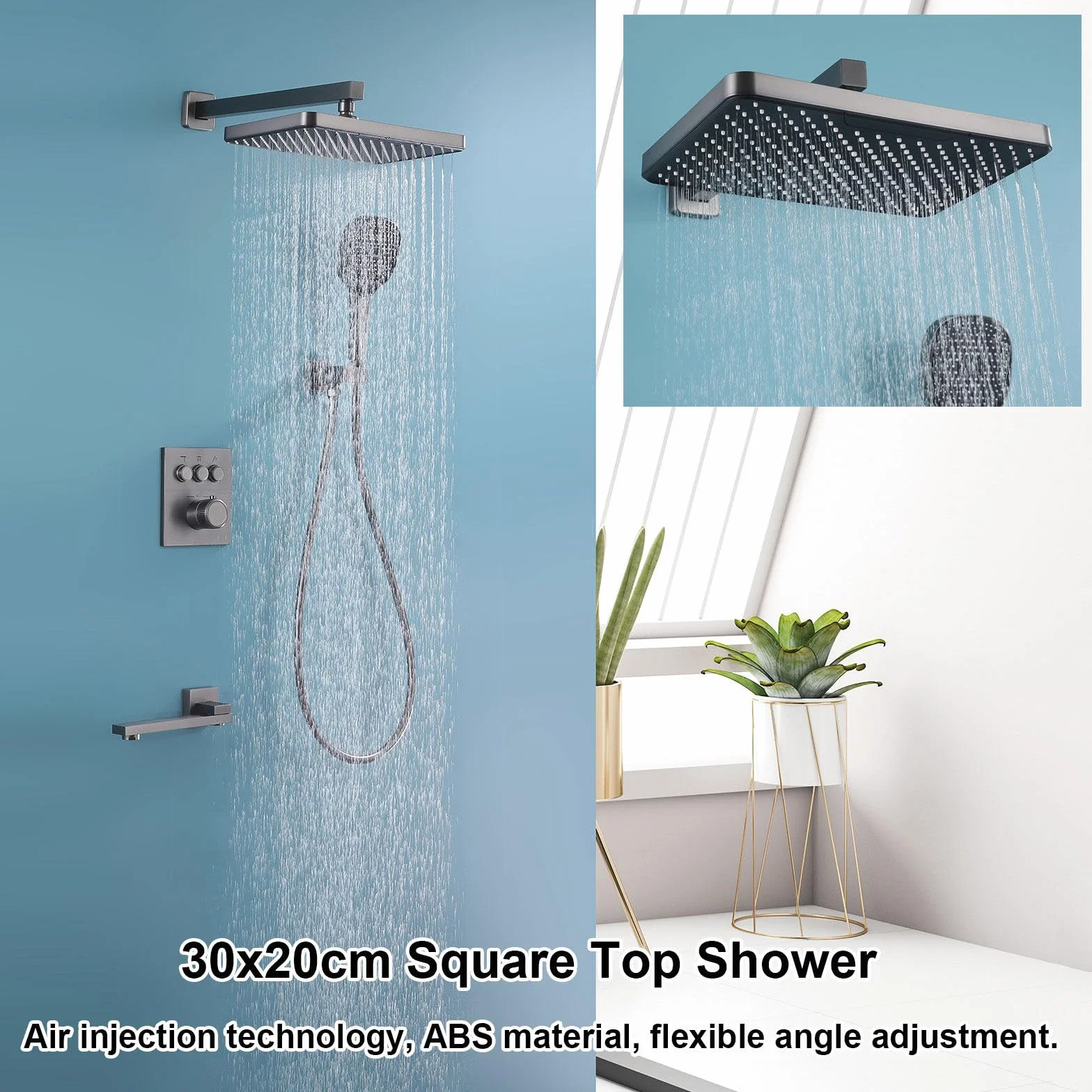 System prysznicowy z termostatem, HSS0465, nowoczesny zestaw prysznicowy podtynkowy, 30 x 20 cm, deszczownica, montaż ścienny, ze słuchawką prysznicową, składany kran wannowy, miedź 59 A