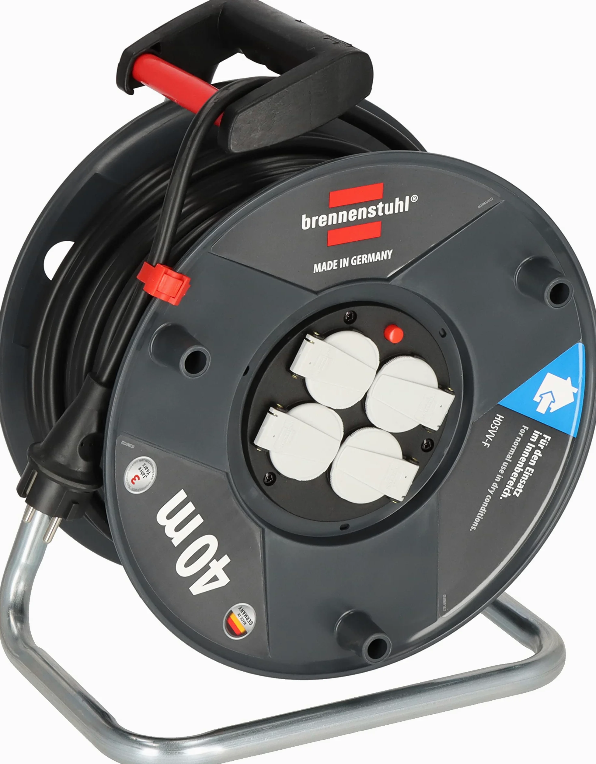 Brennenstuhl Garant V2 bęben kablowy 40 m (Made in Germany, 4 gniazda wtykowe z zestykiem ochronnym z samozamykającymi się pokrywkami, z ergonomicznym uchwytem)