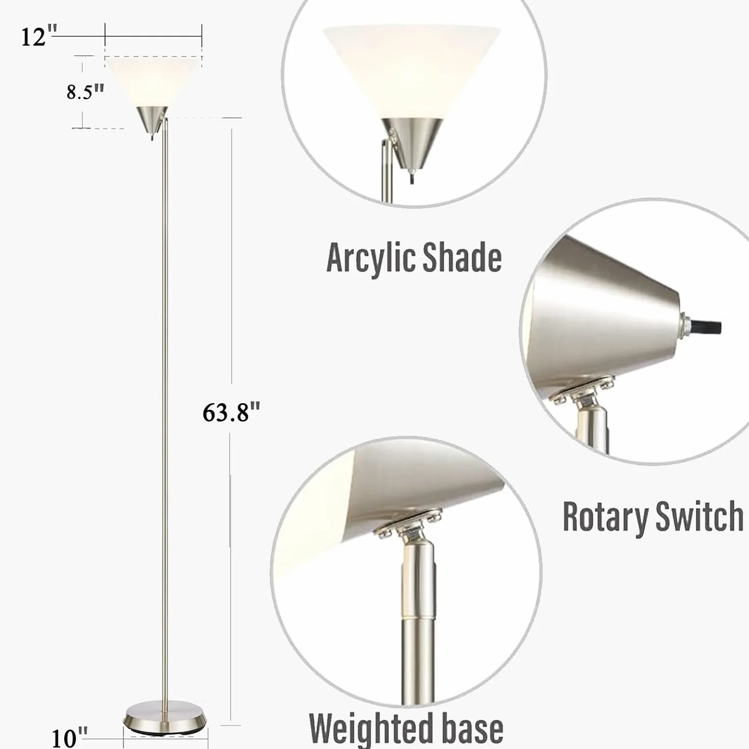 Minimalistyczna lampa stojąca, obrotowa głowica, przełącznik, biurowa lampa stojąca, biała, metal, PCW