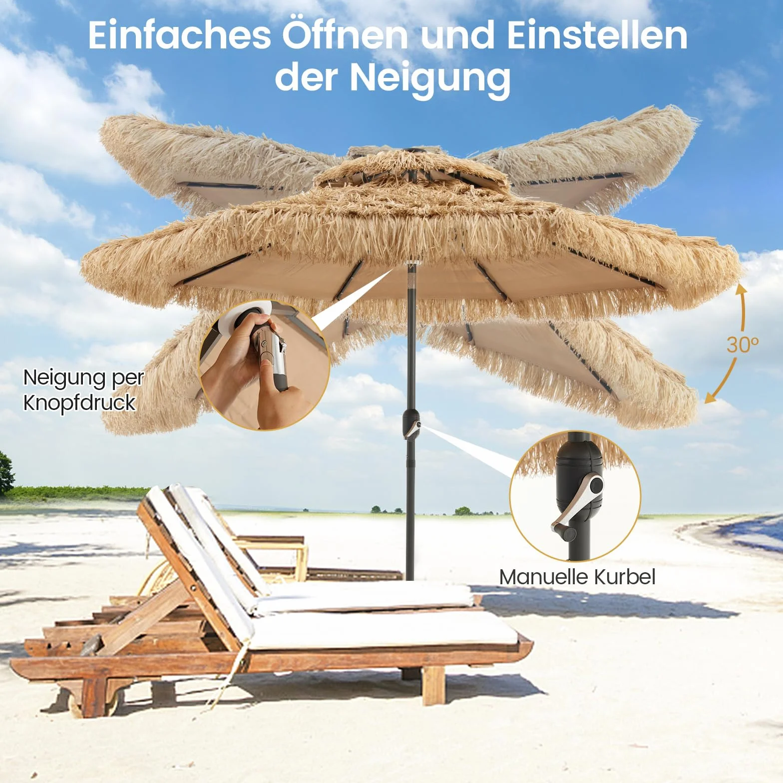 COSTWAY Hawaii parasol przeciwsłoneczny 270/300 cm ze słomy podwójnym dachem na taras ogród