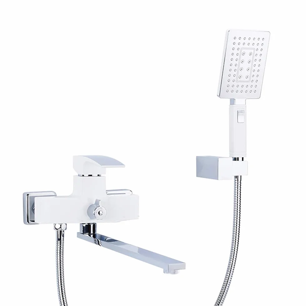 Bateria wannowa z ręczną głowicą prysznicową ABS i długą wylewką, biała bateria wannowa Pojedynczy uchwyt Bateria wannowa Ścienna bateria do napełniania wanny do łazienki good