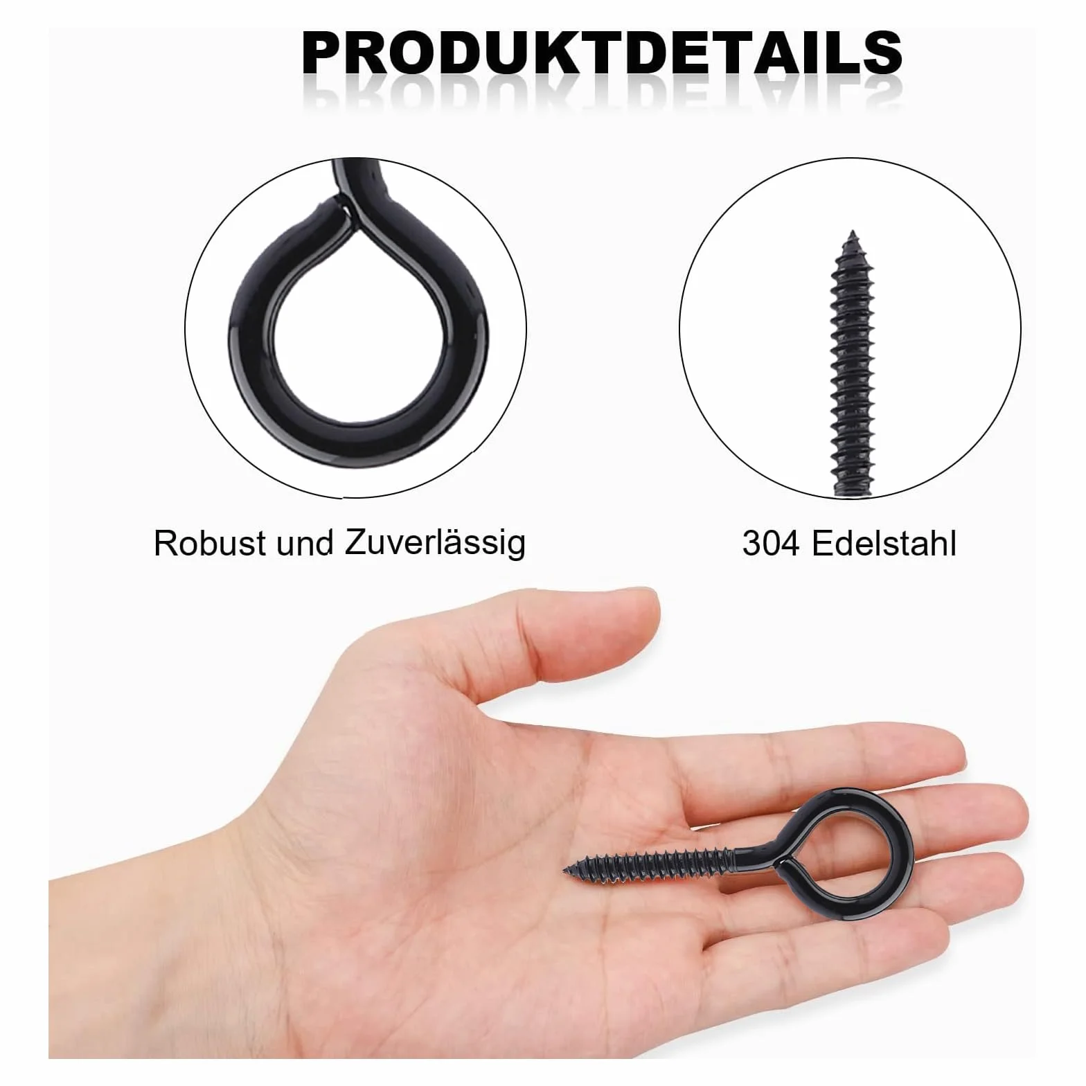 MOGADEE® Haczyki śrubowe ze stali nierdzewnej czarne (śruba oczkowa M6-80 mm 10 sztuk)