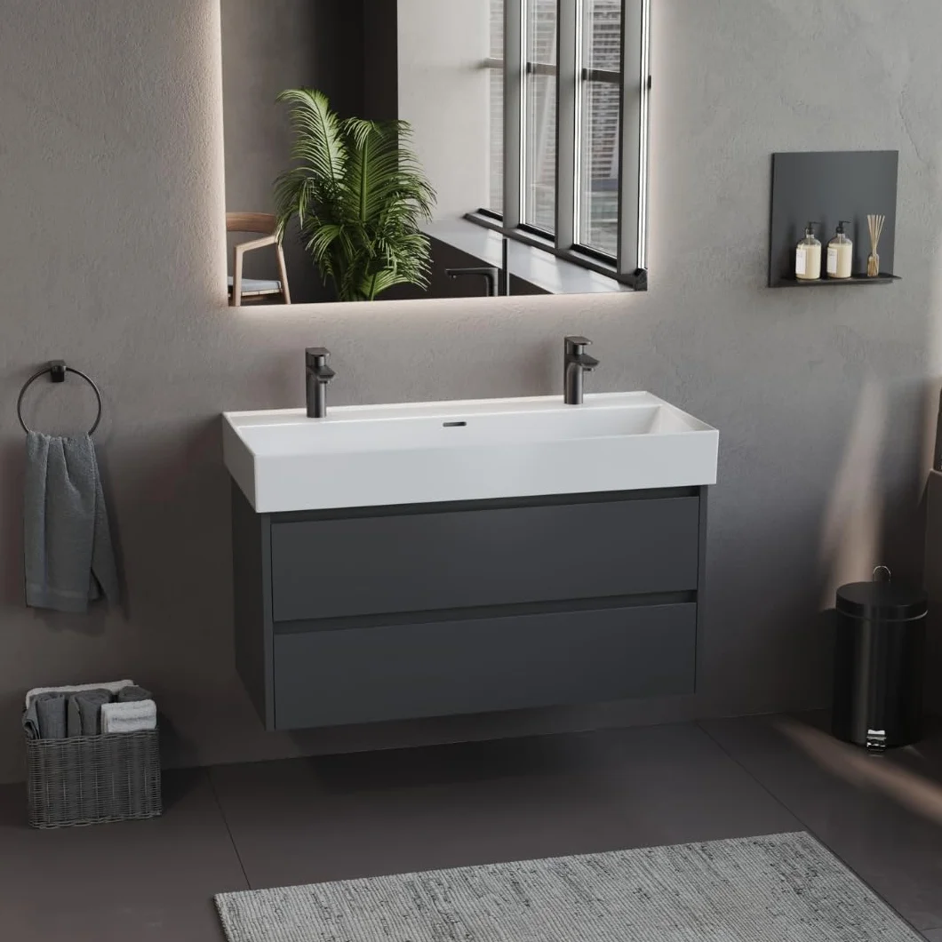 Aqua Bagno podwójna umywalka ceramiczna 100 cm biała – prostokątna, 2 otwory na baterię, nowoczesny design, montaż ścienny lub na meblu
