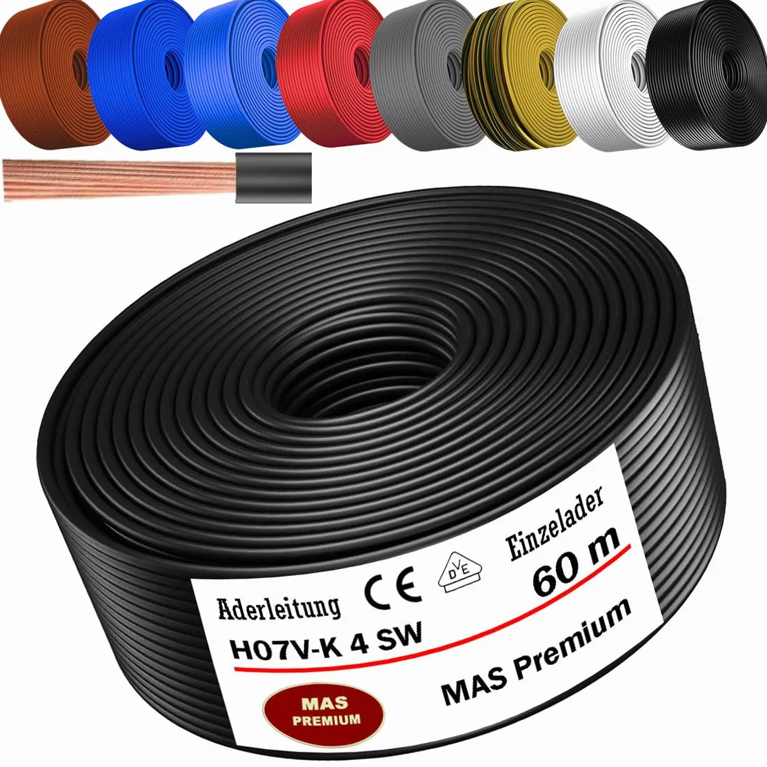 MAS Premium Przewód żyłowy H07 V-K 4 mm² od 5 do 100 m, czarny, brązowy, ciemnoniebieski, zielono-żółty, szary, jasnoniebieski, biały lub czerwony, pojedynczy kabel elastyczny (czarny, 60 m)