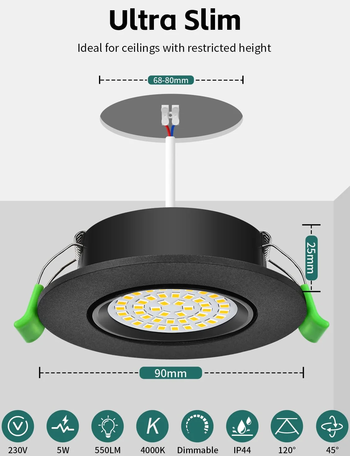 KYOTECH reflektory LED wpuszczane z możliwością ściemniania 68–80 mm 5W IP44, ultracienkie, neutralna biel 4000K, wodoszczelne rotacyjne o 45° reflektory sufitowe do łazienki, czarne, zestaw 6 sztuk