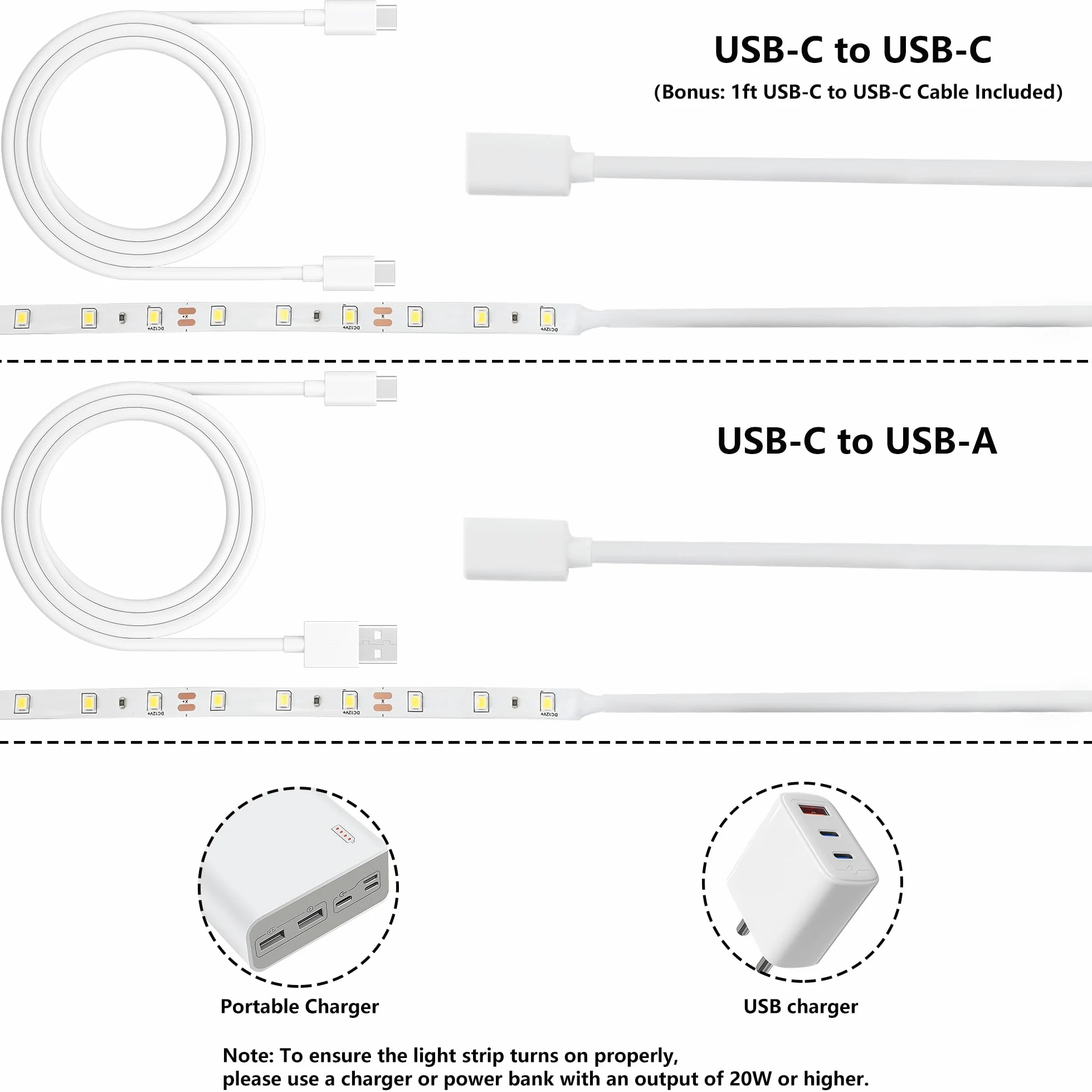 Taśma świetlna LED USB C 12 V, 5 m, jasne oświetlenie podszafkowe, do kuchni, podświetlenia telewizora i kampera, elastyczna taśma świetlna do drukarki 3D i biurka