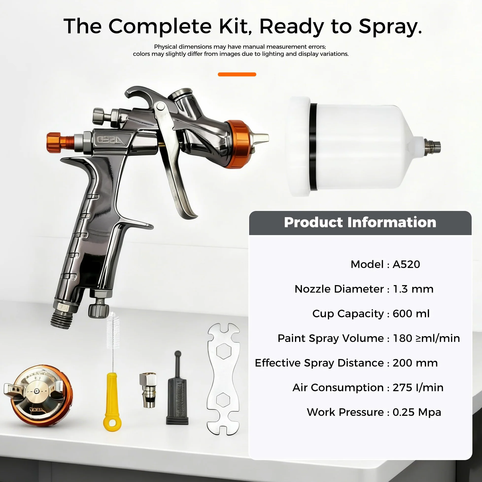 Pistolet Lakierniczy Powietrzny, Pistolet Natryskowy Powietrza, 600 ml Kubki do farby, Pistolet natryskowy z kubkiem, Pistolet do Malowania Drewna, do Malowania Domów, Samochodów, Mebli 1.3mm