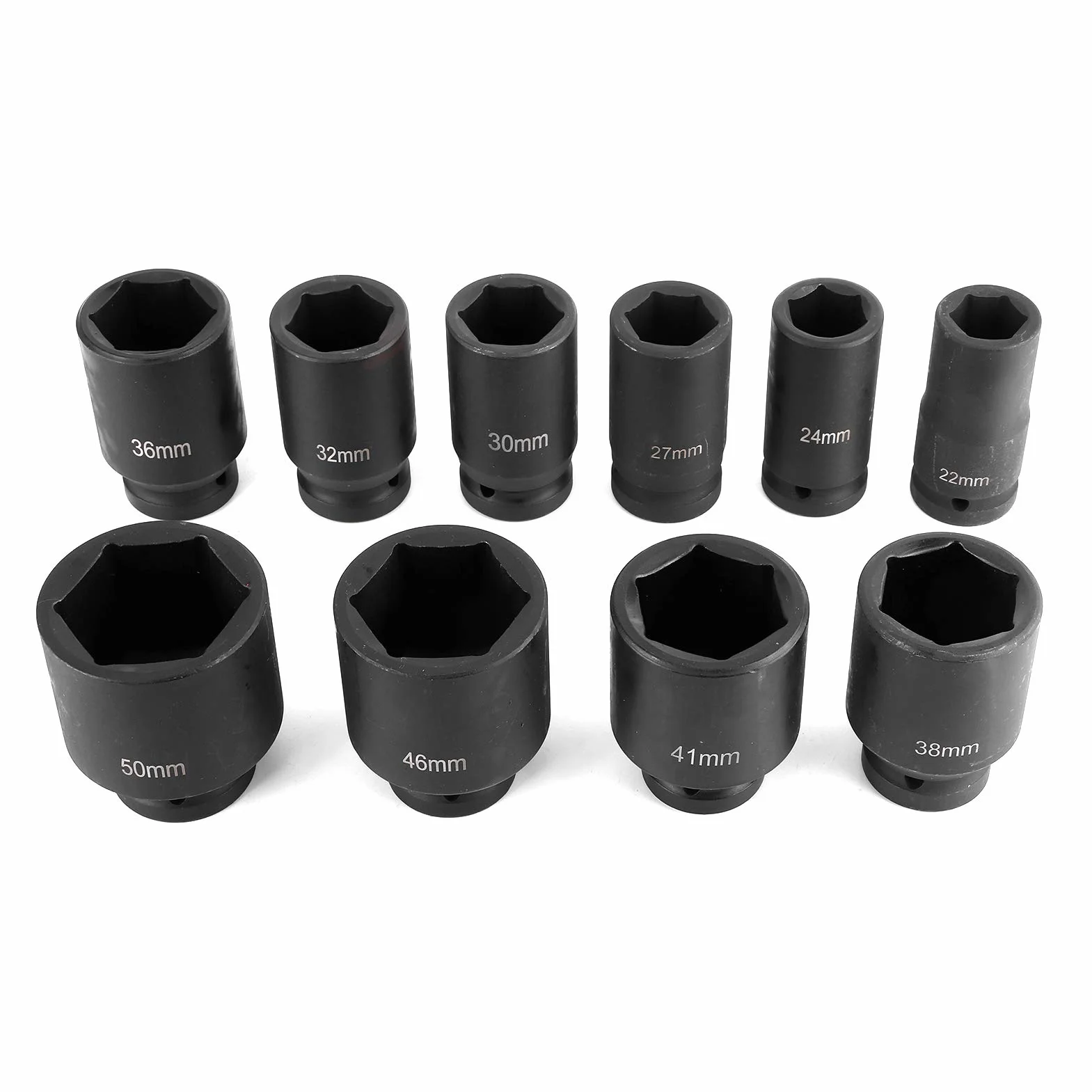 Rengue 10 szt. Zestaw Nasadek Udarowych, Zestawy Nasadek Stalowych, Głębokie Metryczne 6-kątne Nasadki 22-50 Mm do Napraw Samochodowych i Użytku w Warsztacie 10 szt. Zestaw Udarowych, Chromowane