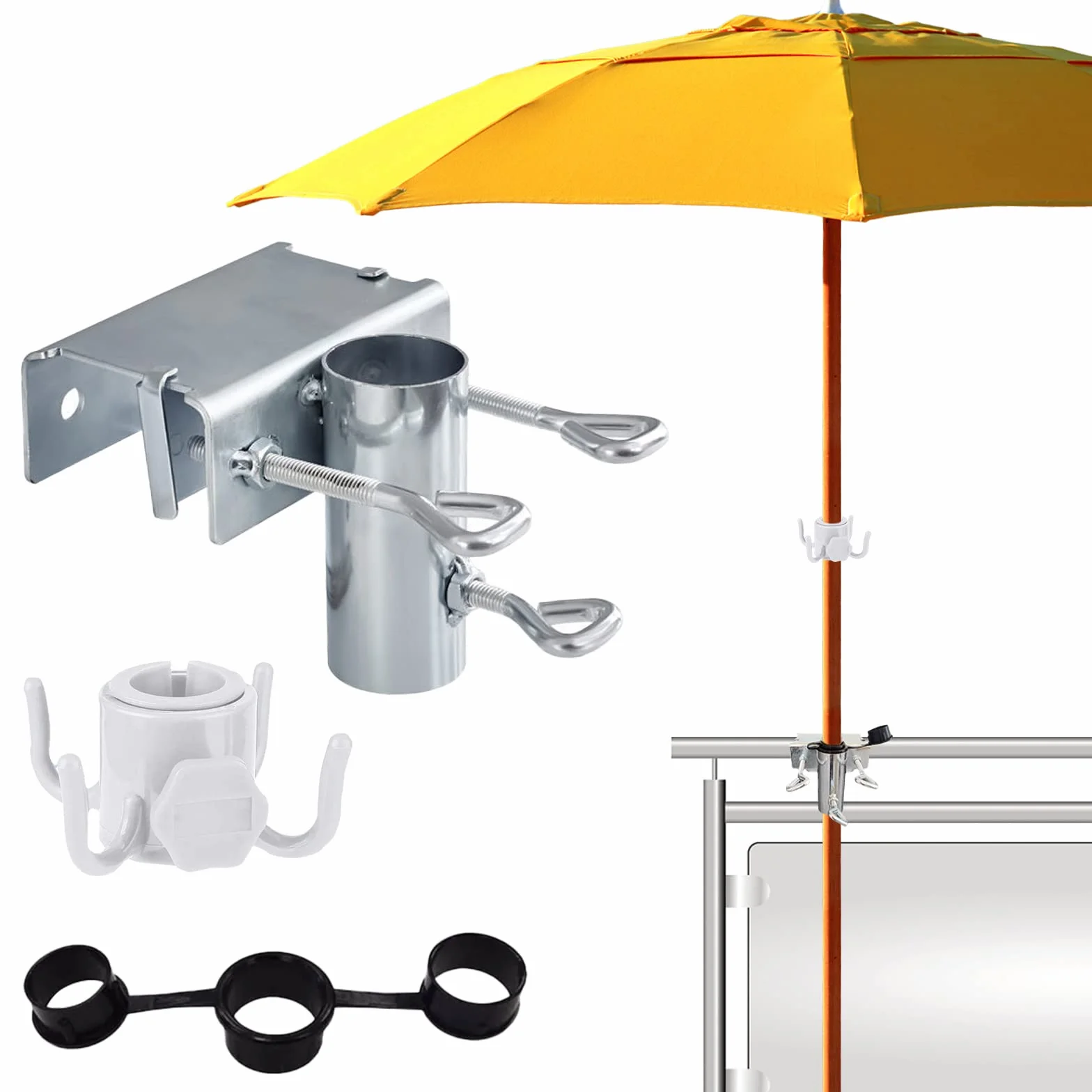 Uchwyt na parasol przeciwsłoneczny, regulowany uchwyt na parasol przeciwsłoneczny, regulowany uchwyt na parasol balkonowy, Ø 25-38 mm, stojak na parasole na balkon, taras lub stół, srebro