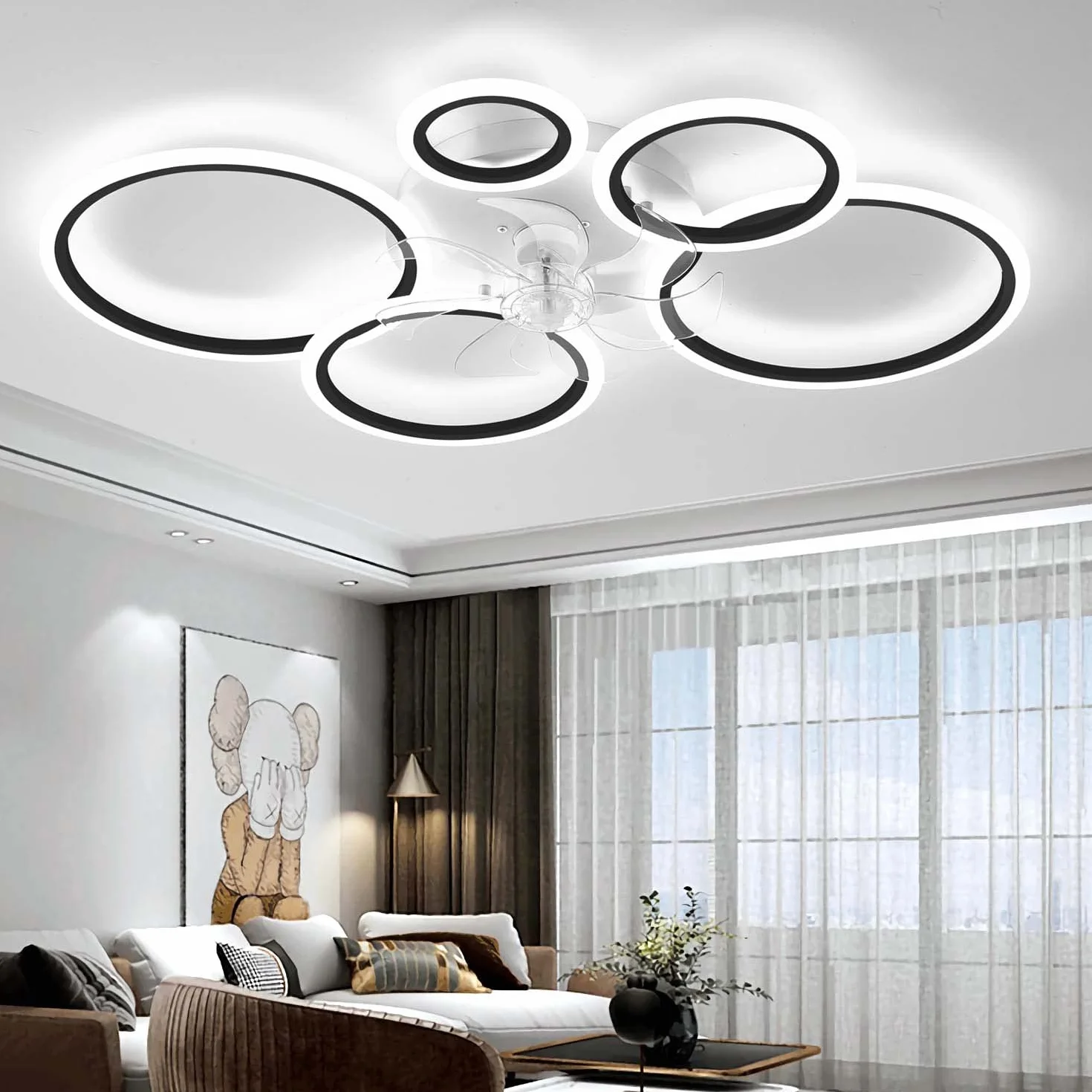 Wentylator sufitowy ze światłem, LED 72W Ściemniane Fan Lampa sufitowa, Nowoczesny Oświetlenie dla Pokój dzienny Jadalnia Sypialnia, Regulowany 6 prędkości, Czarny 100cm