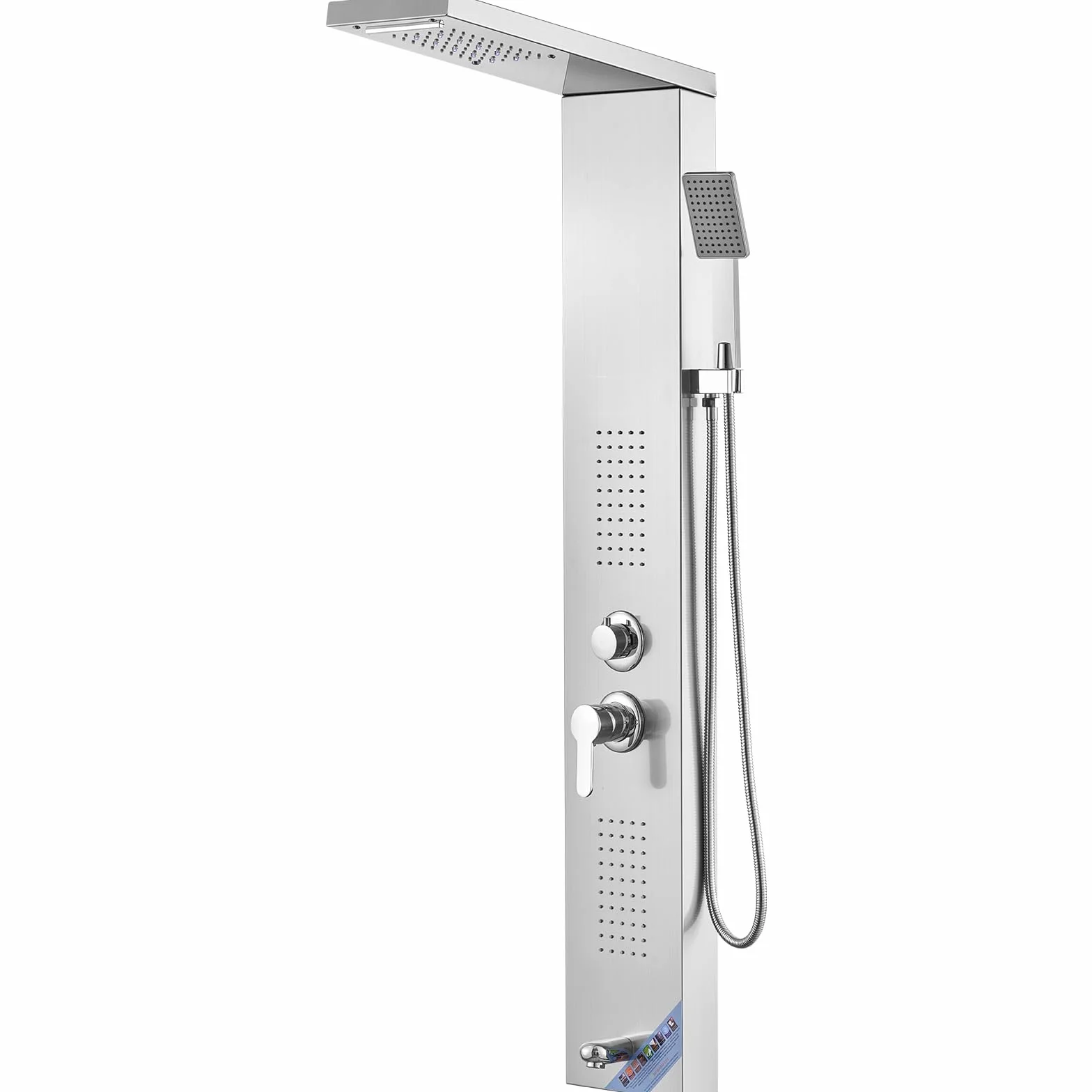 VEVOR System paneli prysznicowych, 5 trybów prysznicowych, wieża paneli prysznicowych LED, opady, wodospad, 2 dysze do masażu ciała, wylewka wanny, ręczna głowica prysznicowa z wężem 150 cm, zestaw