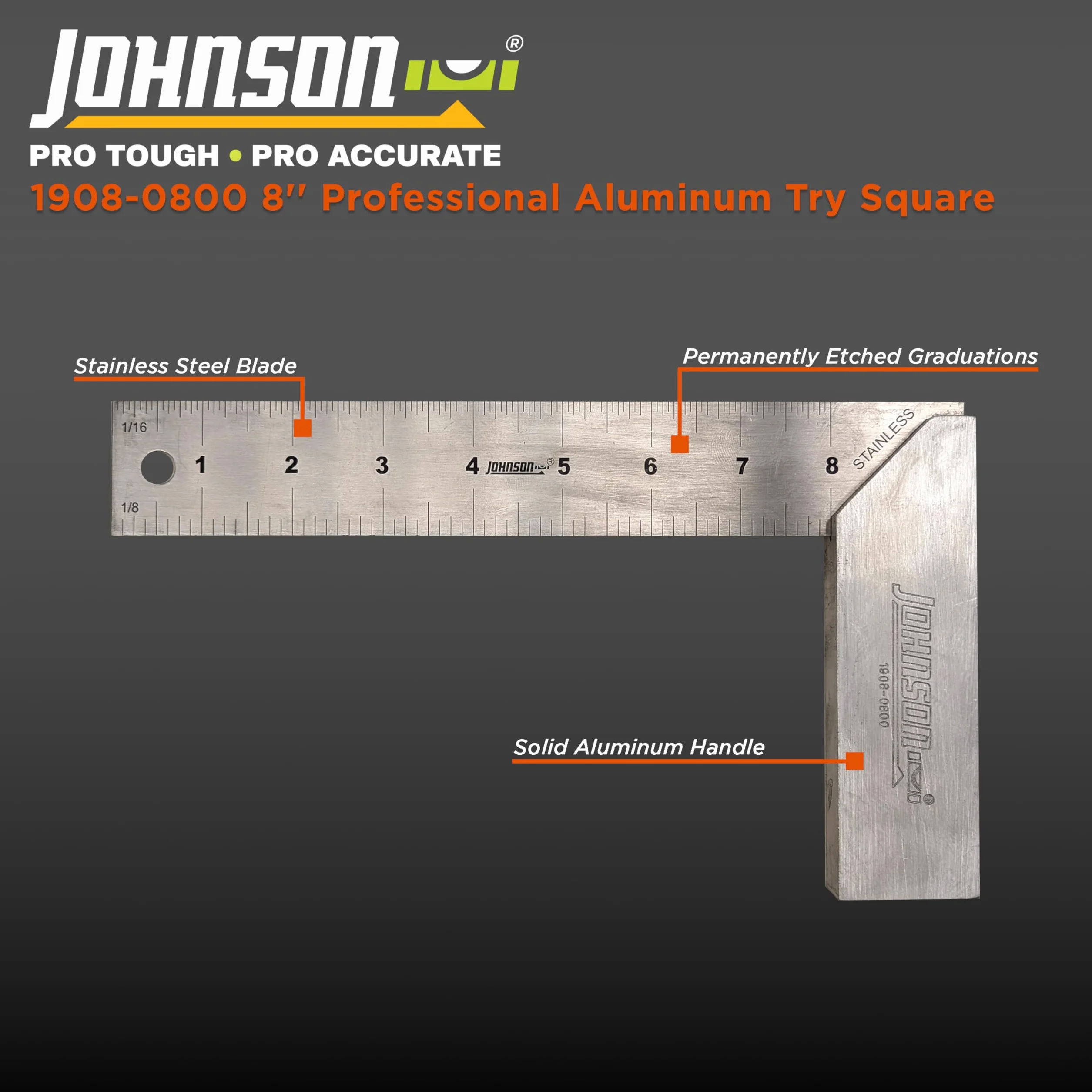 Johnson Level & Tool 1908-0800 profesjonalny aluminiowy wypróbuj kwadrat, 20 cm, srebrny, 1 kwadrat