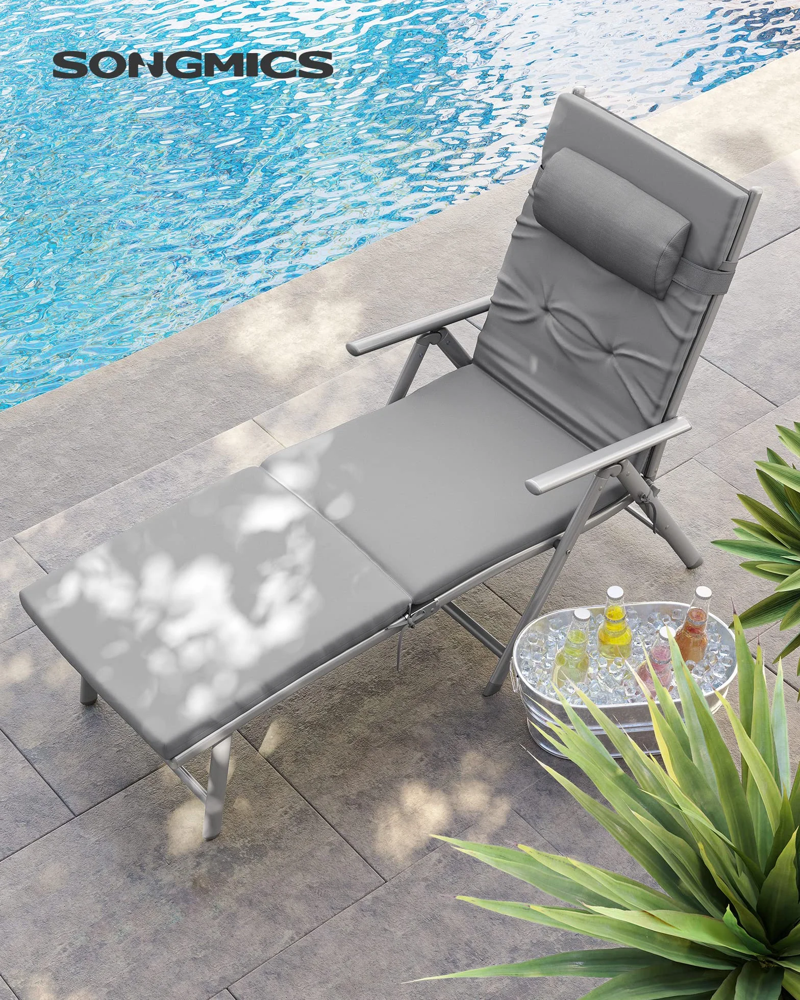 SONGMICS GCB24GY Leżak do opalania składany z materacem 6 cm, aluminium nierdzewne, obciążenie 150 kg, szary
