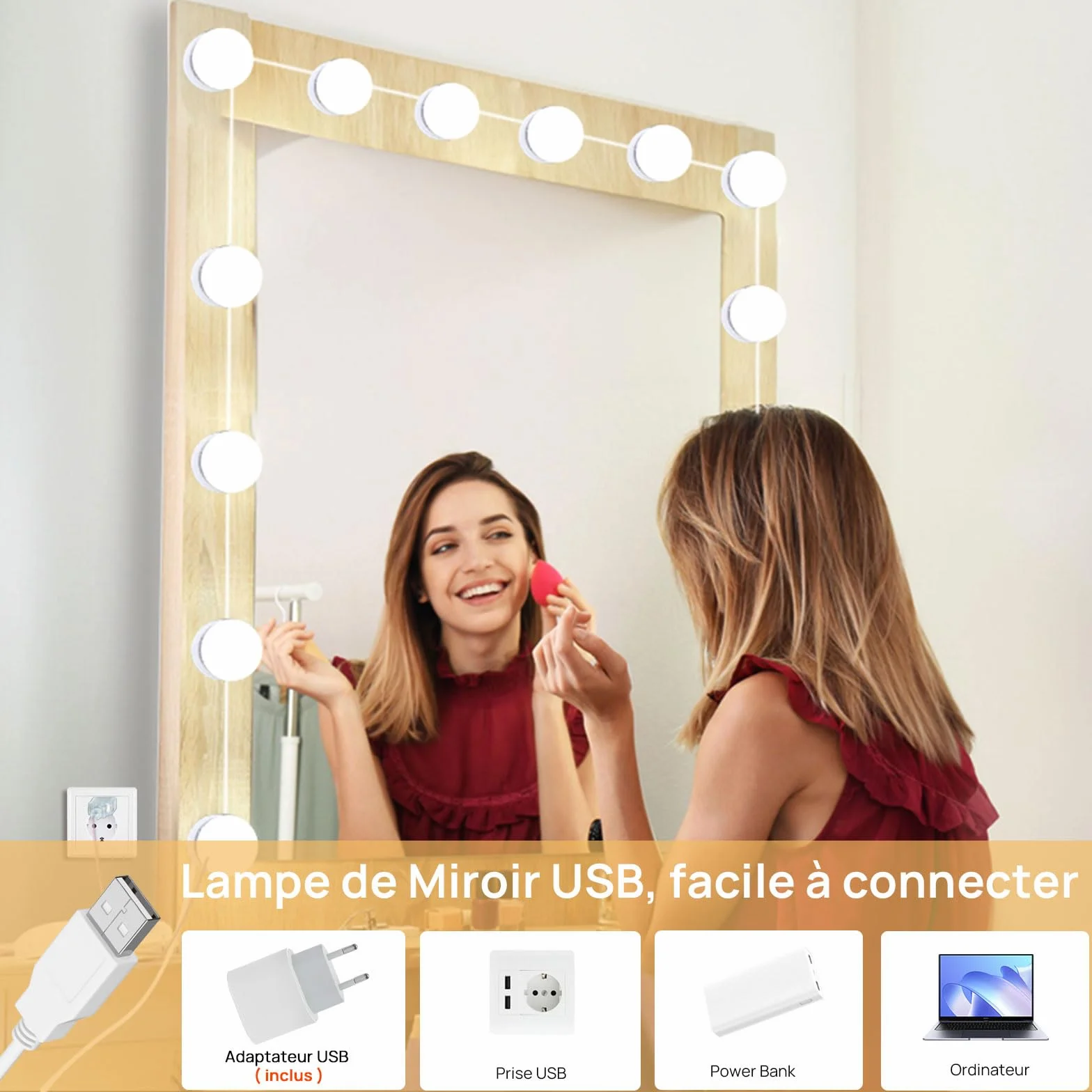 Akynite oświetlenie do lustra toaletkowego z adapterem, lustra LED USB do lustra Hollywood z kablem, 3 kolory i 10 poziomów jasności, 14 ściemnianych żarówek LED na długie lustro, oświetlenie DIY do