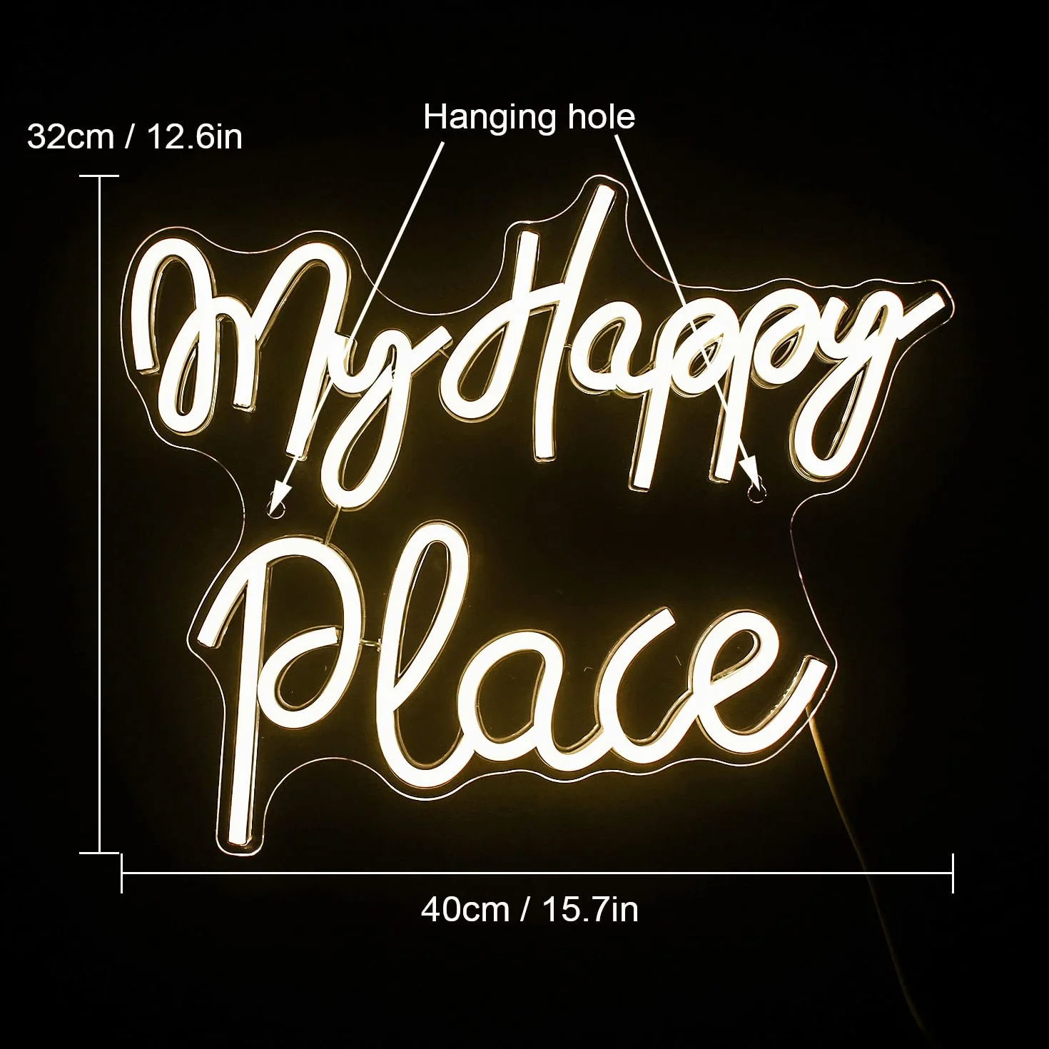 Neonowy znak My Happy Place, ciepłe białe światła neonowe do sypialni, znak LED z literami z zasilaniem USB do salonu, dekoracji ścian, pokoju gier, baru