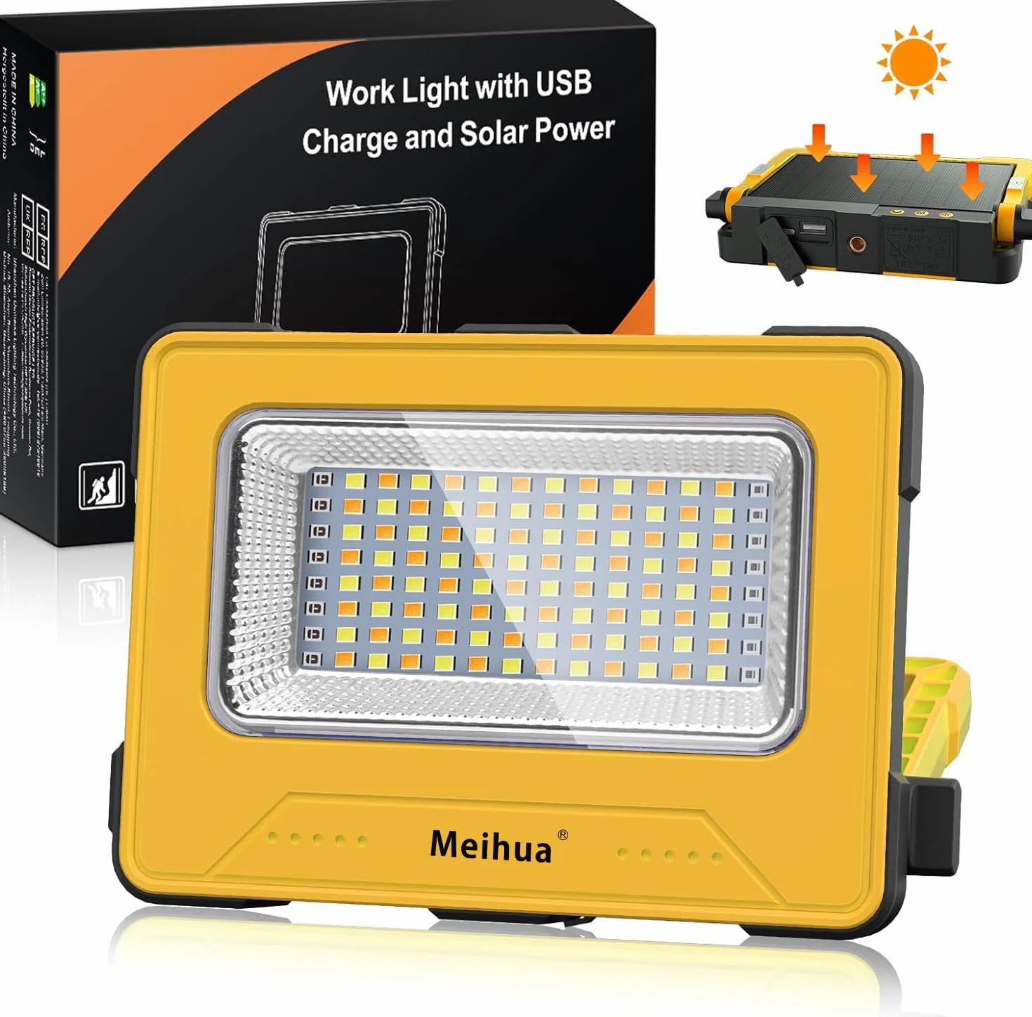 MEIHUA Lampa robocza LED 60W z akumulatorem 12000mAh, przenośny reflektor budowlany LED, ładowalna lampa kempingowa, 4 tryby świecenia, ładowanie solarne i USB, lampa akumulatorowa do placu budowy