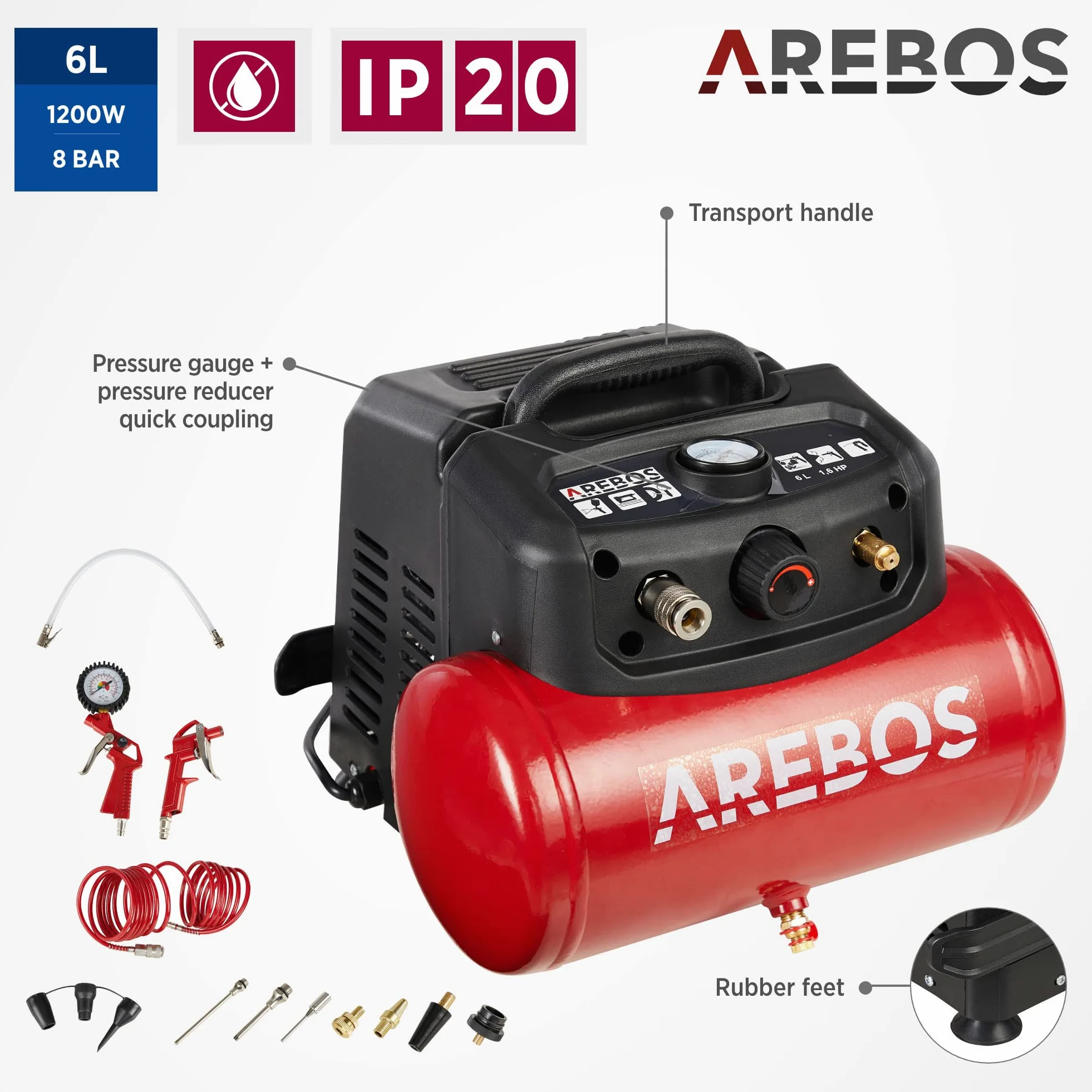 Arebos Sprężarka powietrza 6L Sprężarka 1200W | z 13-częściowym zestawem narzędzi pneumatycznych | automatyczne wyłączanie | bardzo długi wąż powietrza | bezolejowa | sprężarka powietrza 8 bar