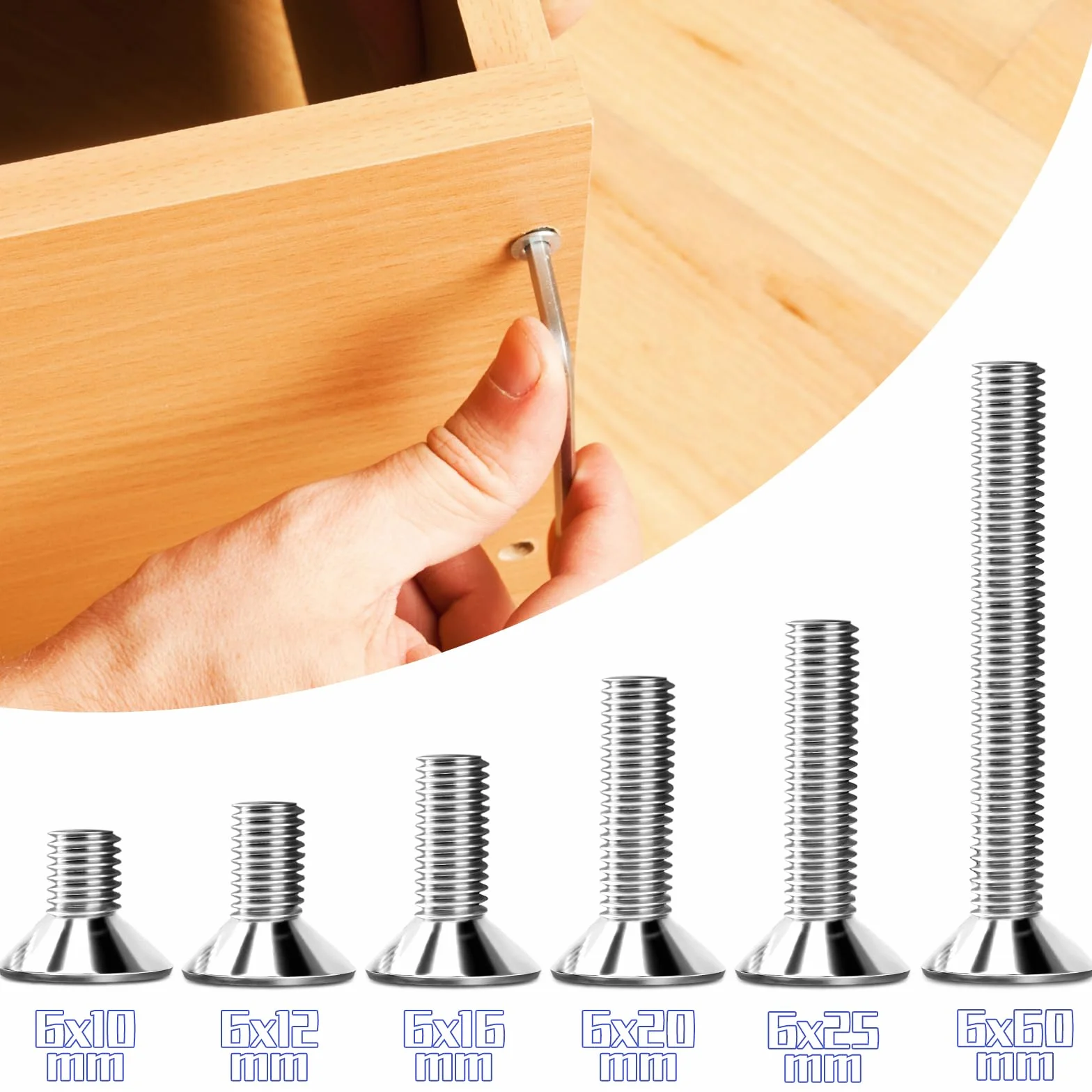 20 sztuk śrub z łbem stożkowym ze stali nierdzewnej M6 x 60 mm, śruby z łbem sześciokątnym M6, śruby z łbem wpuszczanym, z 2 sztukami sześciokątnych łba wkrętaka DIN 7991/ISO 10642 (srebrne)