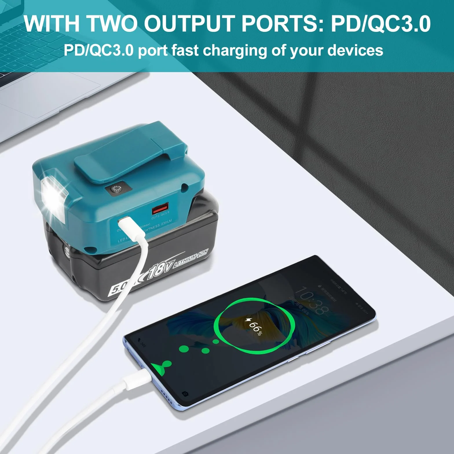 QUPERR- Adp05 Power Source Adapter do baterii roboczych do Makita 14,4 V i 18 V z parą interfejsu ładowania telefonu USB, z bezprzewodową latarką z portem DC（Adapter tylko）
