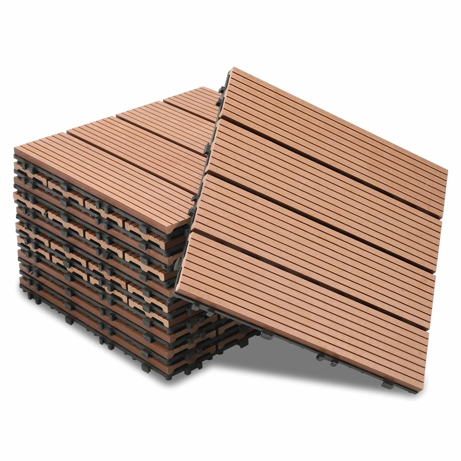 Płytki tarasowe z WPC, 30 x 30 cm, płytki drewniane, zestaw 55 sztuk na 5 m², płytki balkonowe o wyglądzie drewna, wykładzina podłogowa z systemem zatrzaskowym, wodoodporne, na balkon i taras