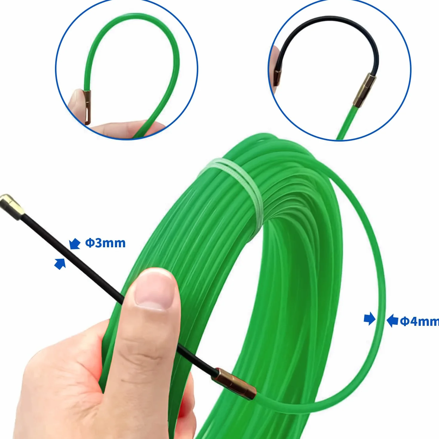 Opona elektryczna z igłą nylonową 30M, Φ 4 mm, z 3 elastyczną głowicą prowadzącą, elektryk opon, przewód igłowy, nawlekacz do drutów elektrycznych, ciągnięcie kabla elektrycznego - zielony
