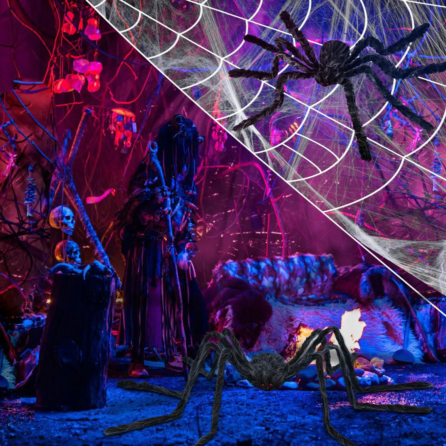 Dekoracyjny pająk na Halloween, duży outdoor: 1,5 m ogromny pająk + 5 m ogromna pajęczyna + 20 mini pająków, na Halloween, do ogrodu na zewnątrz, dla właścicieli domów, rodziców, gospodarzy