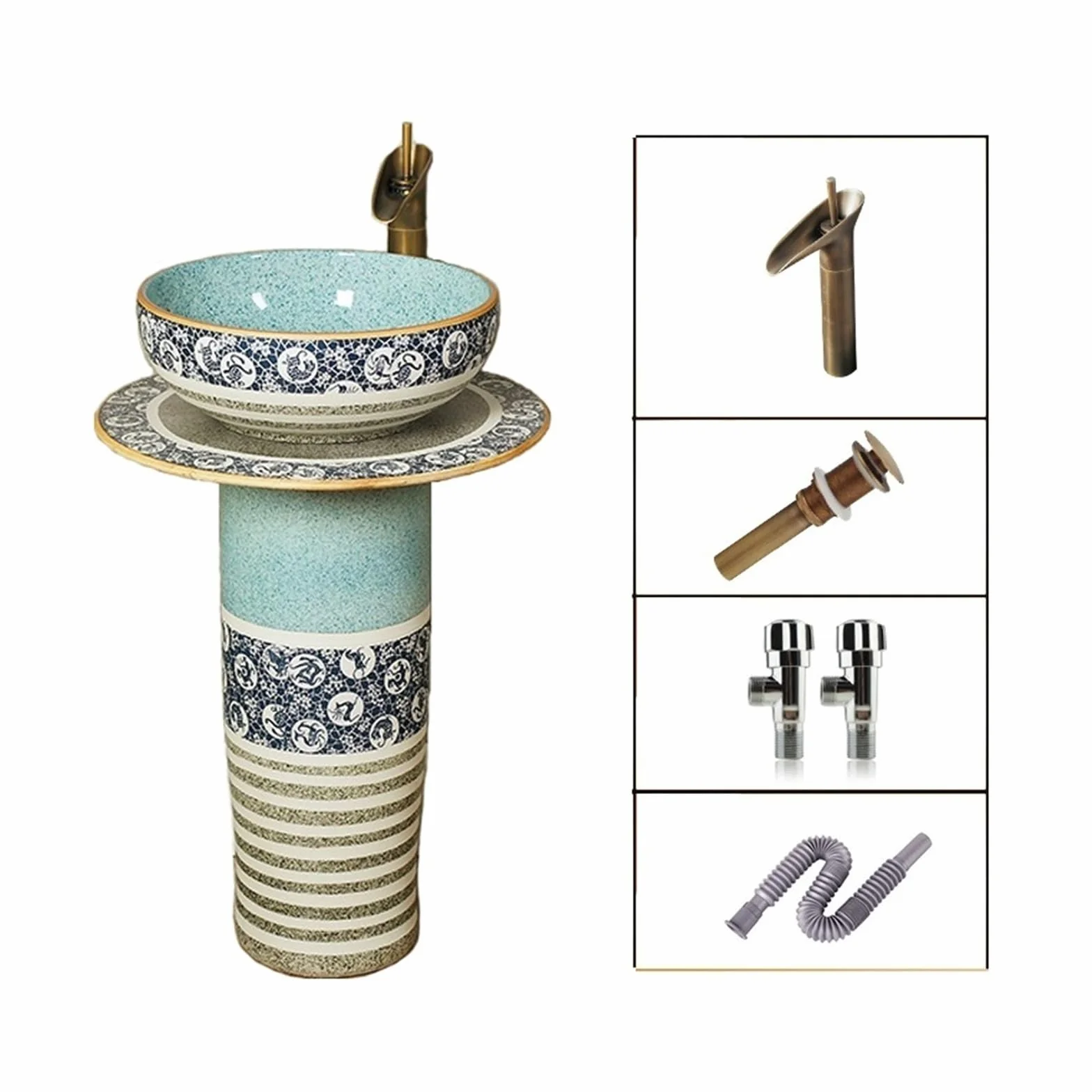 Zlewozmywak łazienkowy na cokole, retro i kreatywna ceramiczna umywalka kolumnowa, 3-częściowa umywalka łazienkowa z podstawą, umywalka podłogowa z kranami, zestaw s(B)