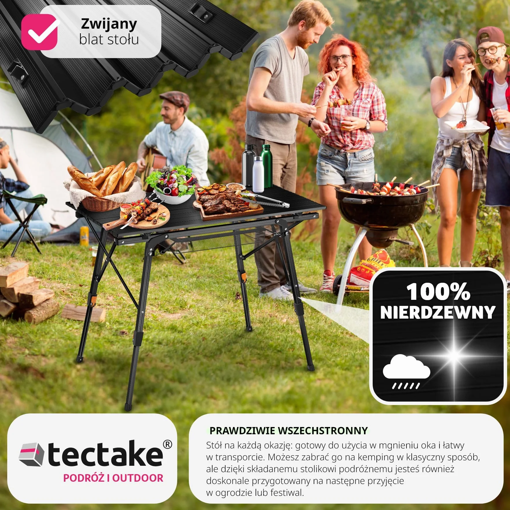 Tectake Stół Kempingowy Tina Składany Aluminiowy z Regulacją Wysokości Czarny