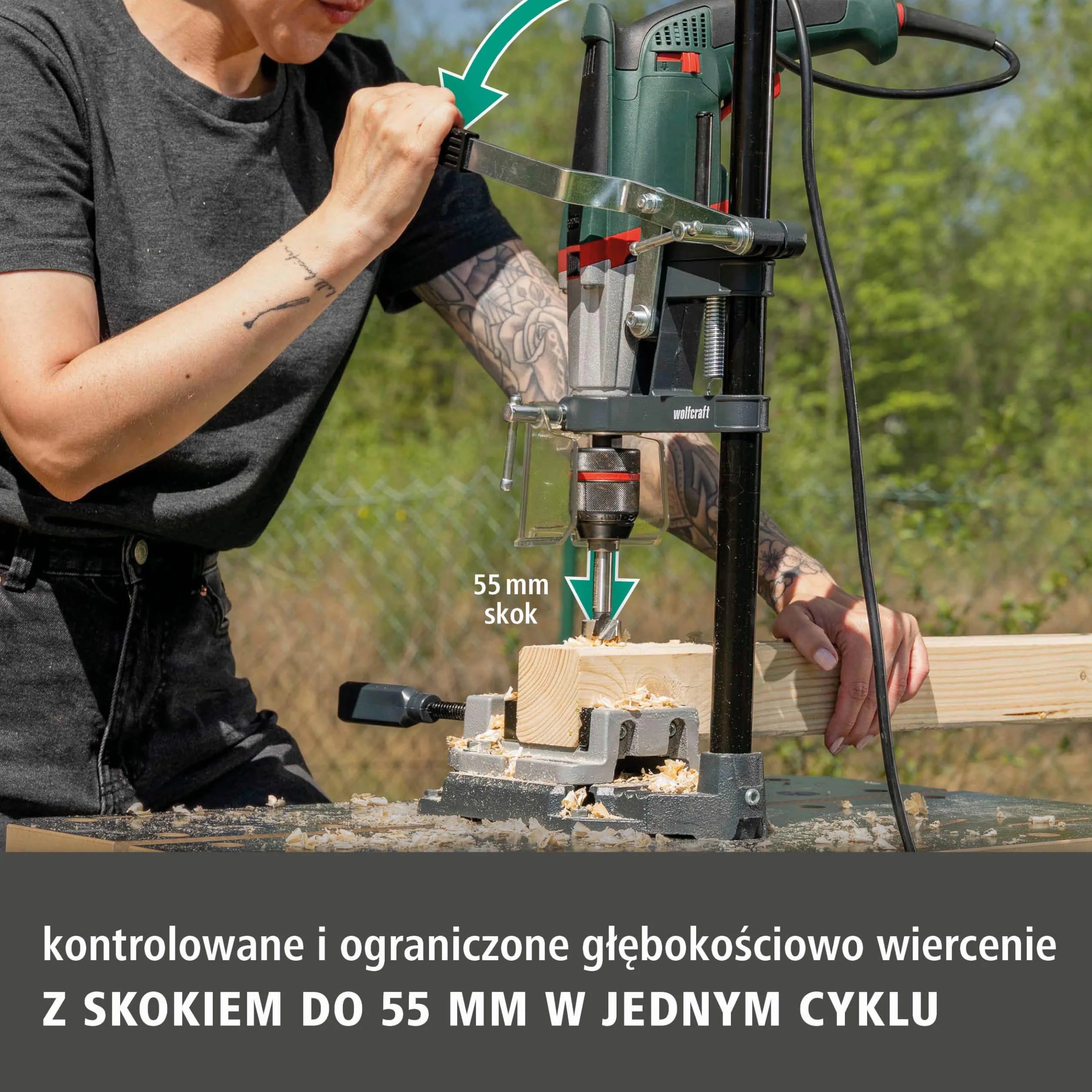 wolfcraft Stojak wiertarski SOLID – kompaktowe rozwiązanie do wiercenia o ograniczonej głębokości – wysięg 112 mm i skok 55 mm – 5028000