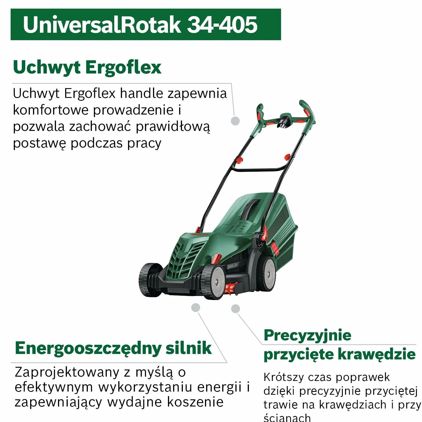Bosch Kosiarka sieciowa UniversalRotak 34-405 (silnik 1 300 W, szerokość cięcia: 34 cm, zbiornik na trawę 40 l, do równomiernego koszenia trawników oraz do precyzyjnego koszenia przy krawędziach)