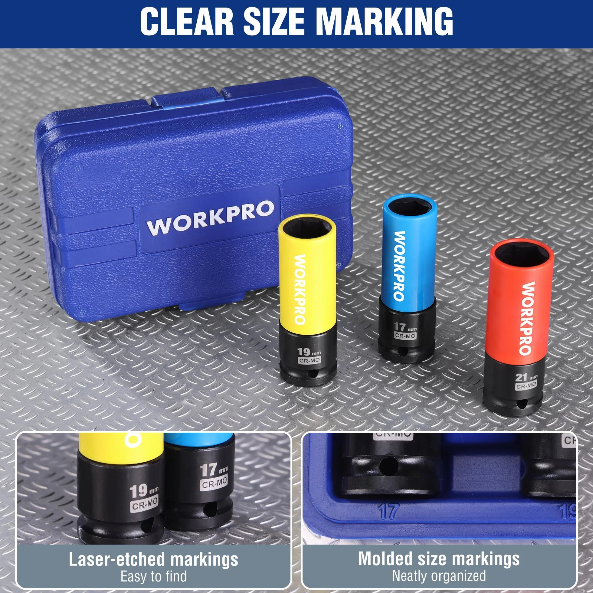 WORKPRO Zestaw nasadek udarowych 1/5.1 cm, 3 szt. cienkościennych nasadek nasadowych, metryczne ochronne gniazdo nakrętki koła 17 mm, 19 mm, 21 mm, z pudełkiem do przechowywania, stalowe gniazda Cr-Mo