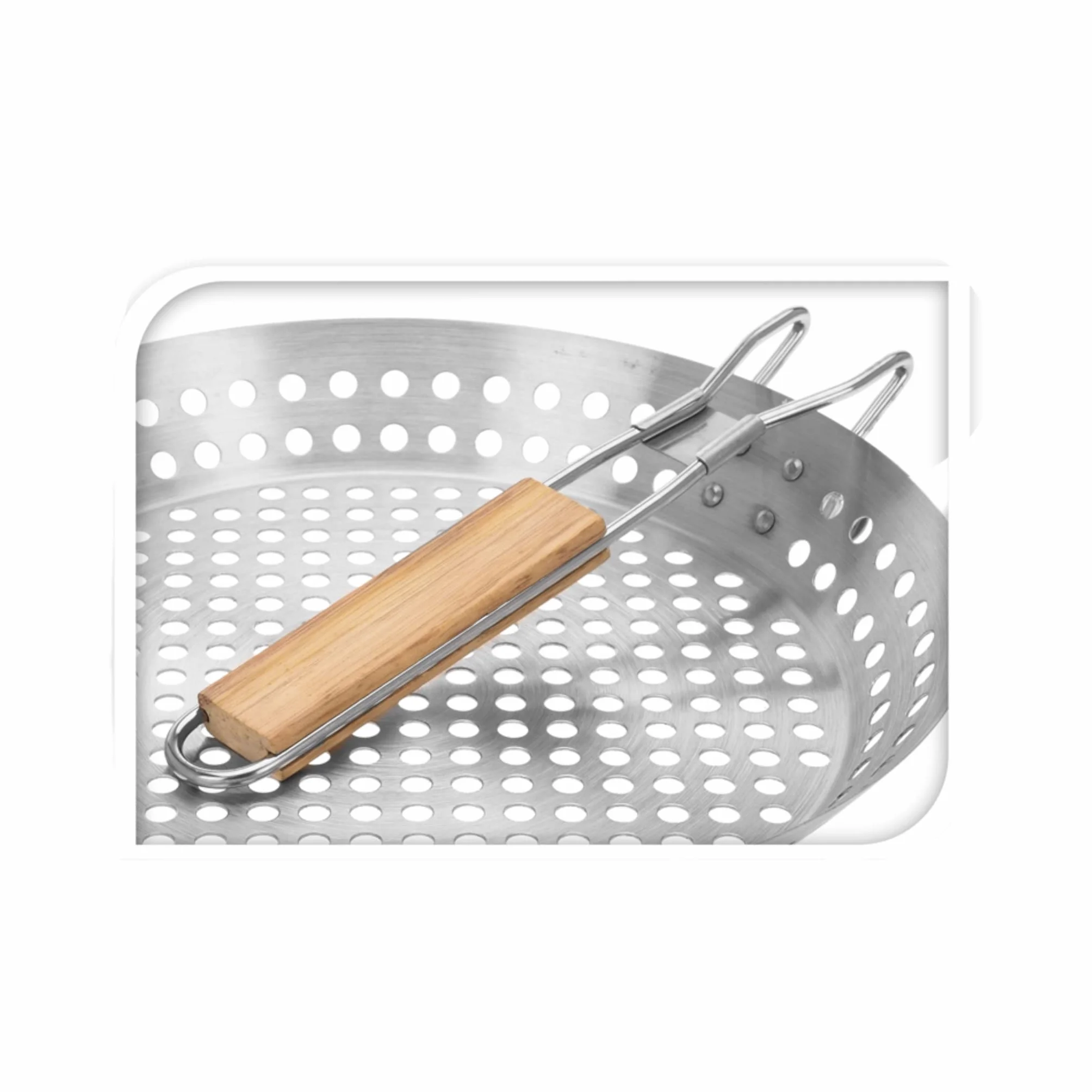 Patelnia grillowa z perforowaną powierzchnią ze stali nierdzewnej ze składanym drewnianym uchwytem, Ø 30 cm, idealna do grillowania