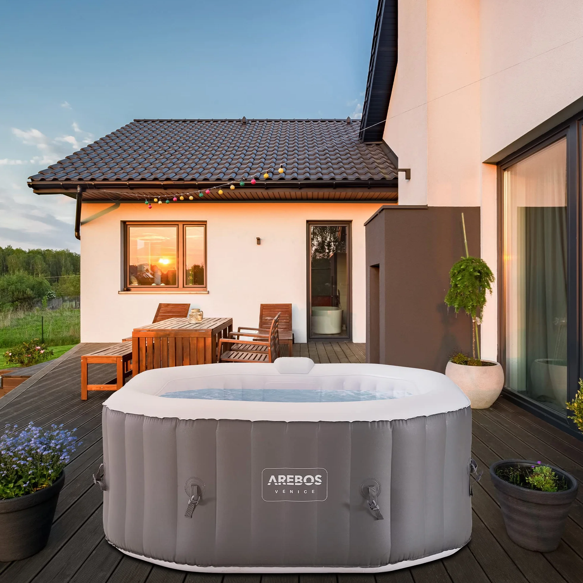 Arebos Whirlpool Pure | Nadmuchiwany | do wewnątrz i na zewnątrz | 154 x 154 cm | 4 osoby | 110 dysz do masażu | z ogrzewaniem | 600 litrów | w zestawie pokrywa | Bubble Spa & Wellness masaż