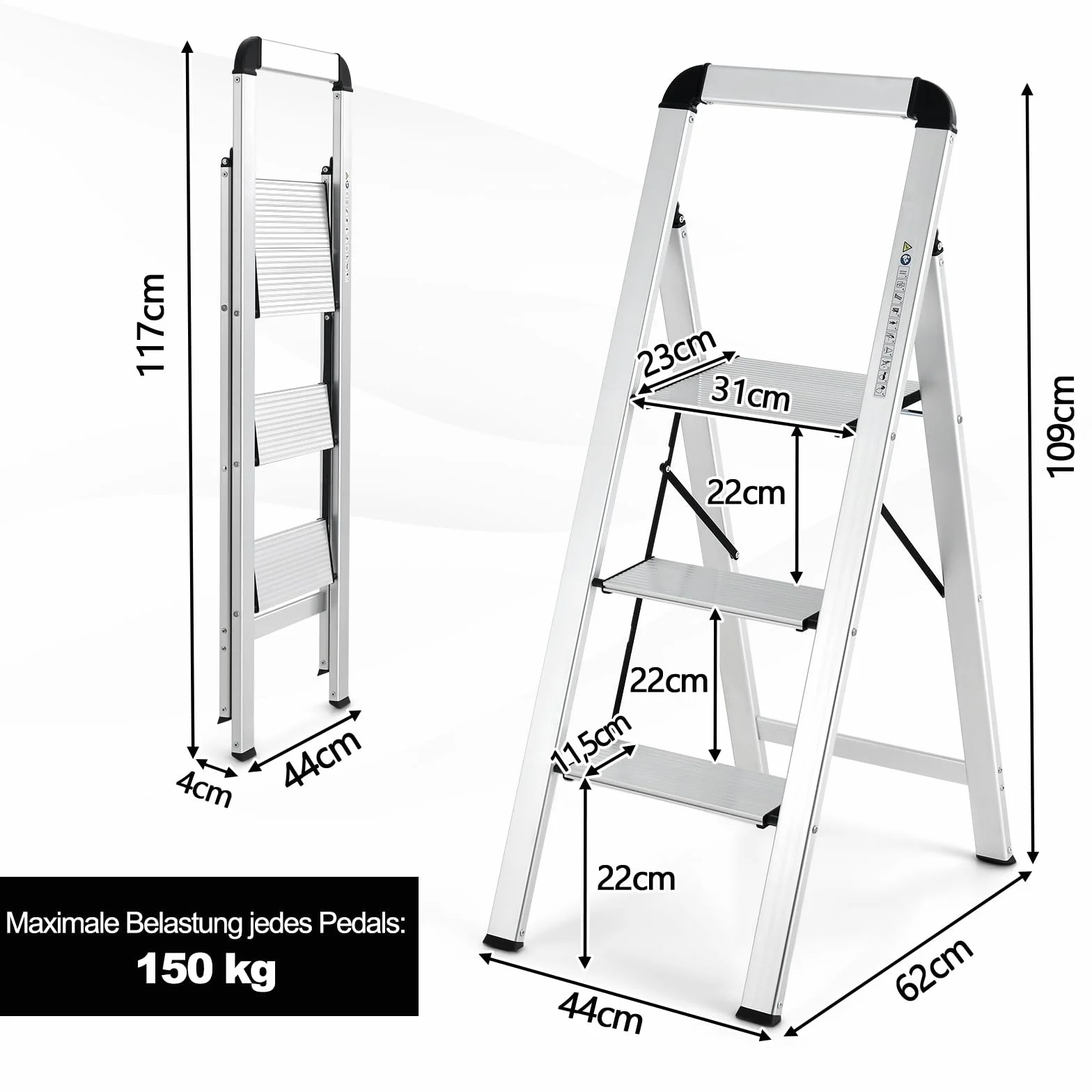 COSTWAY Drabina schodkowa, 3-stopniowa drabina stojąca, aluminiowa, składana drabina do 150 kg, składana i antypoślizgowa, do domu, biura, garażu, srebrna (3 stopnie), TJ10011SL12SLDE